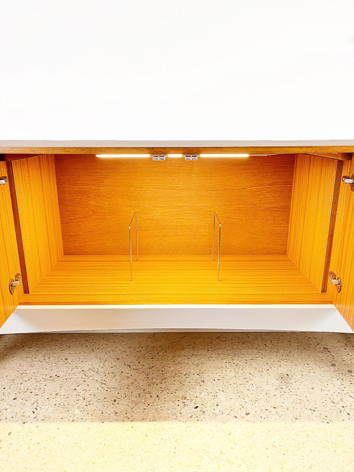 2295.0 Mid Century Teak Vinyl Record Cabinet By Stonehill In Gold And White With 3d Rpm Numerals photo