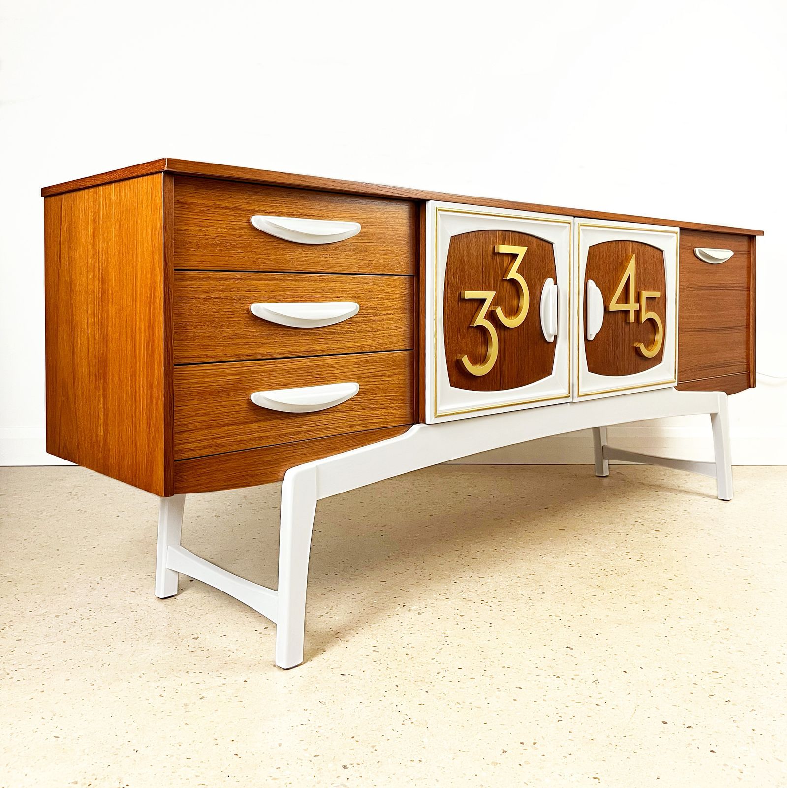 Mid Century Teak Vinyl Record Cabinet By Stonehill In Gold And White With 3d Rpm Numerals