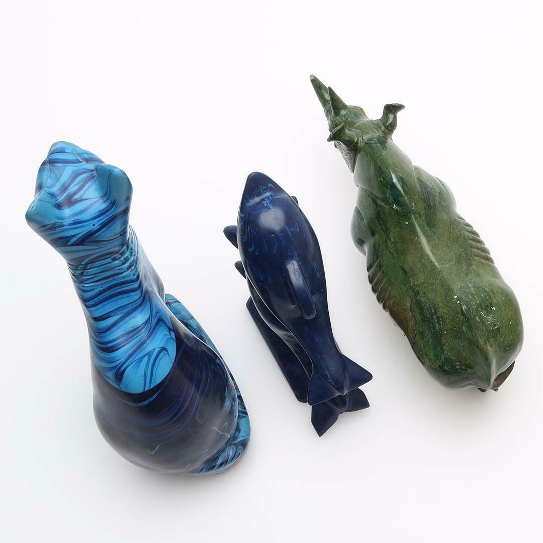 A Set Of 3 Antique Sculpture Decorative Stone Figurine Of Cat Rhinoceros Dolphin photo for sale