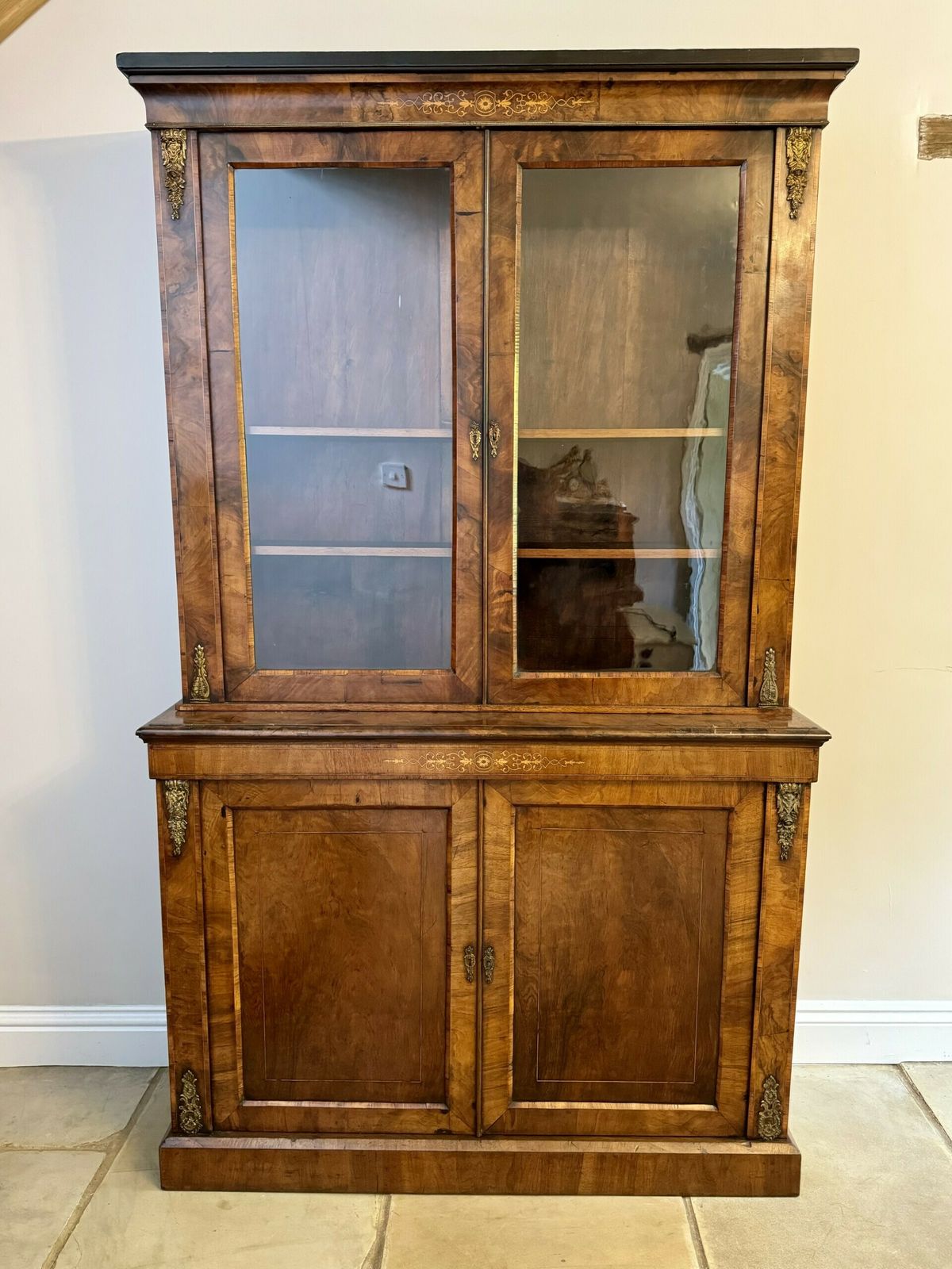 Fantastic Victorian Quality Burr Walnut Inlaid Bookcase Cabinet photo vintage