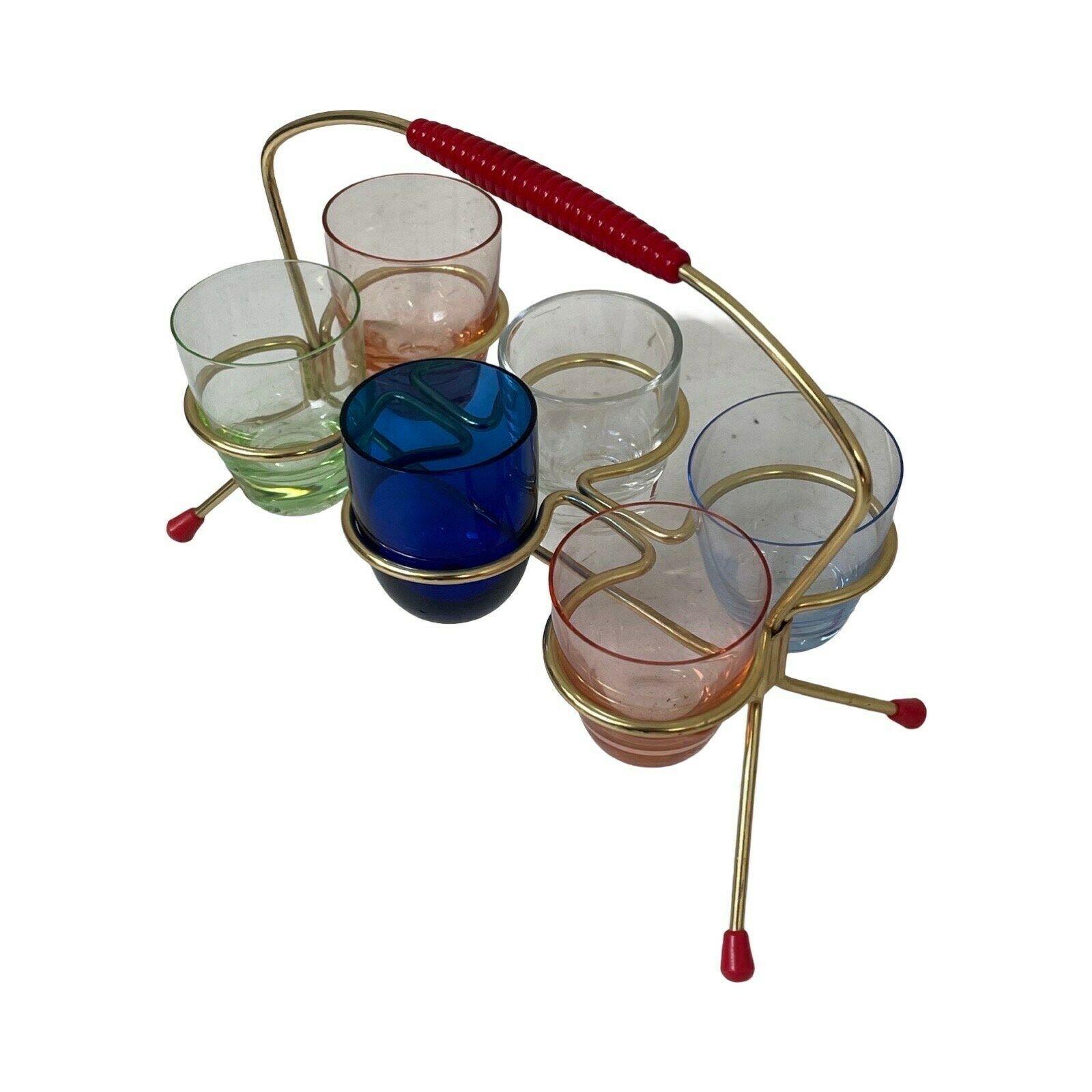 Approx. 1950's   Germany   Set Of Shot (Schnapps) Glasses And Holder   Multi Colored photo vintage