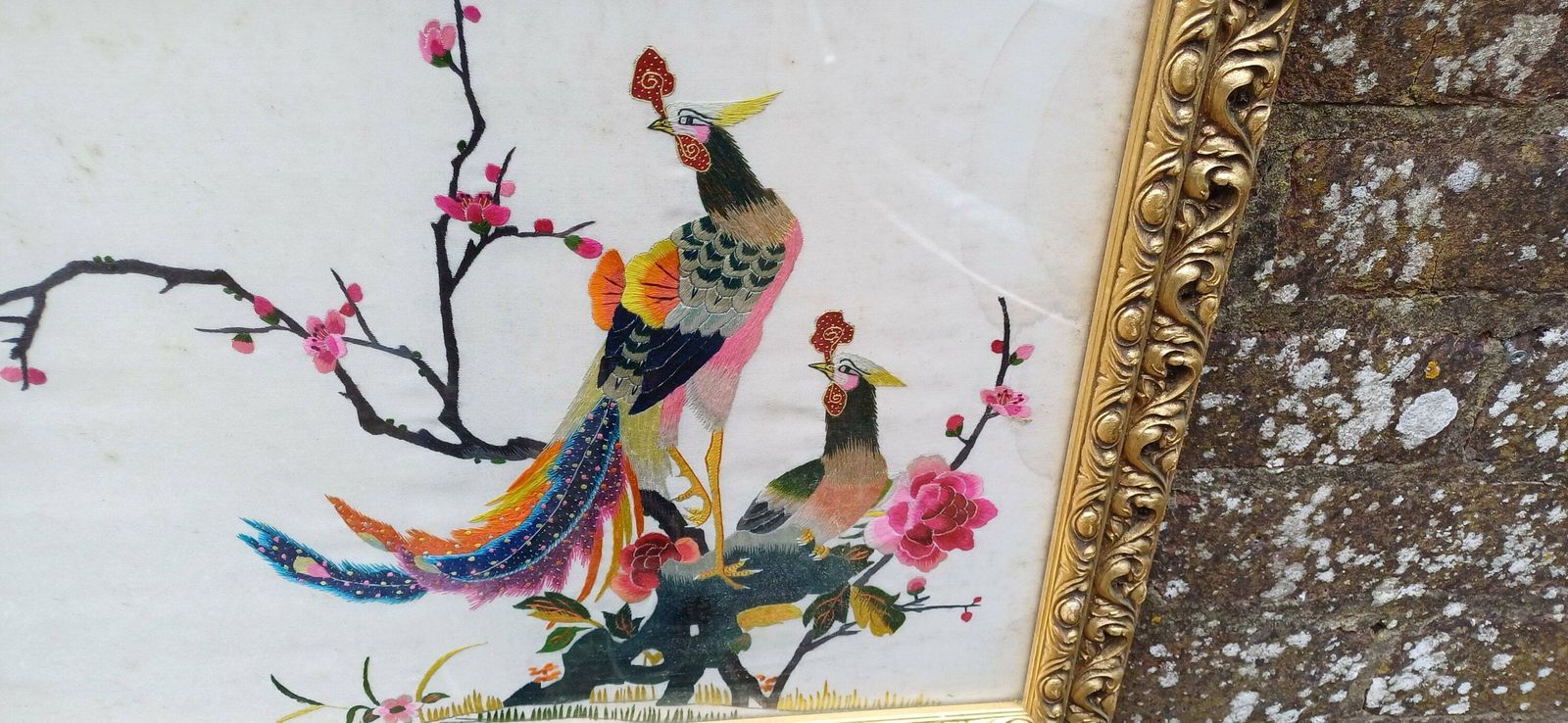 Outstanding Colourful Pair Of Vintage Bird Of Paradise Embroidery Pictures In Ornate Gold Frames. photo Art