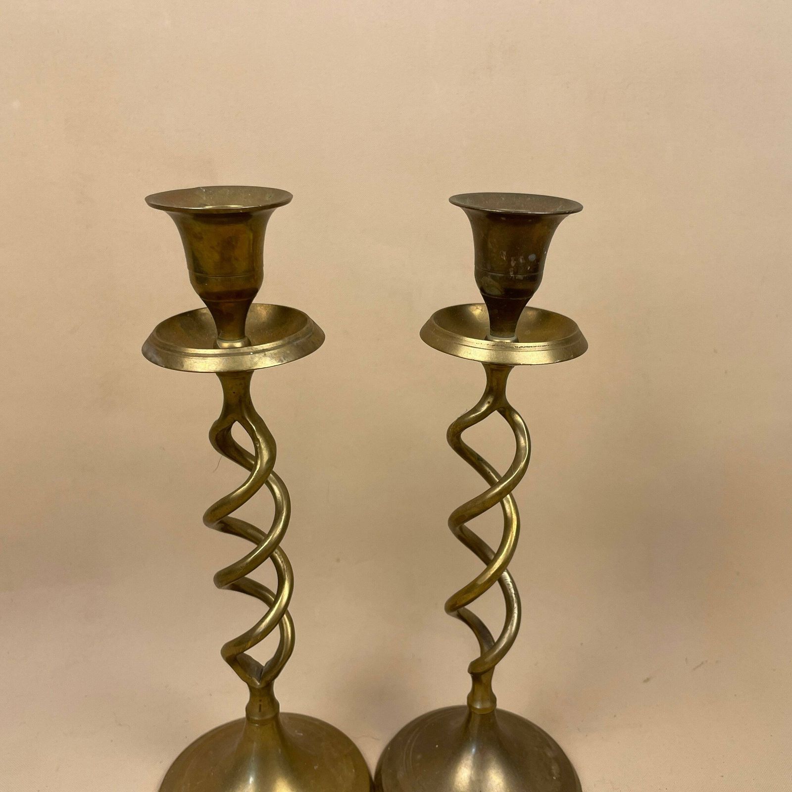 Antique Matching Pair Of Twisted Gold Solid Brass Metal Candlestick Candle Stick Heavy Vintage Column Taper Dinner Candlesticks Twist photo for sale