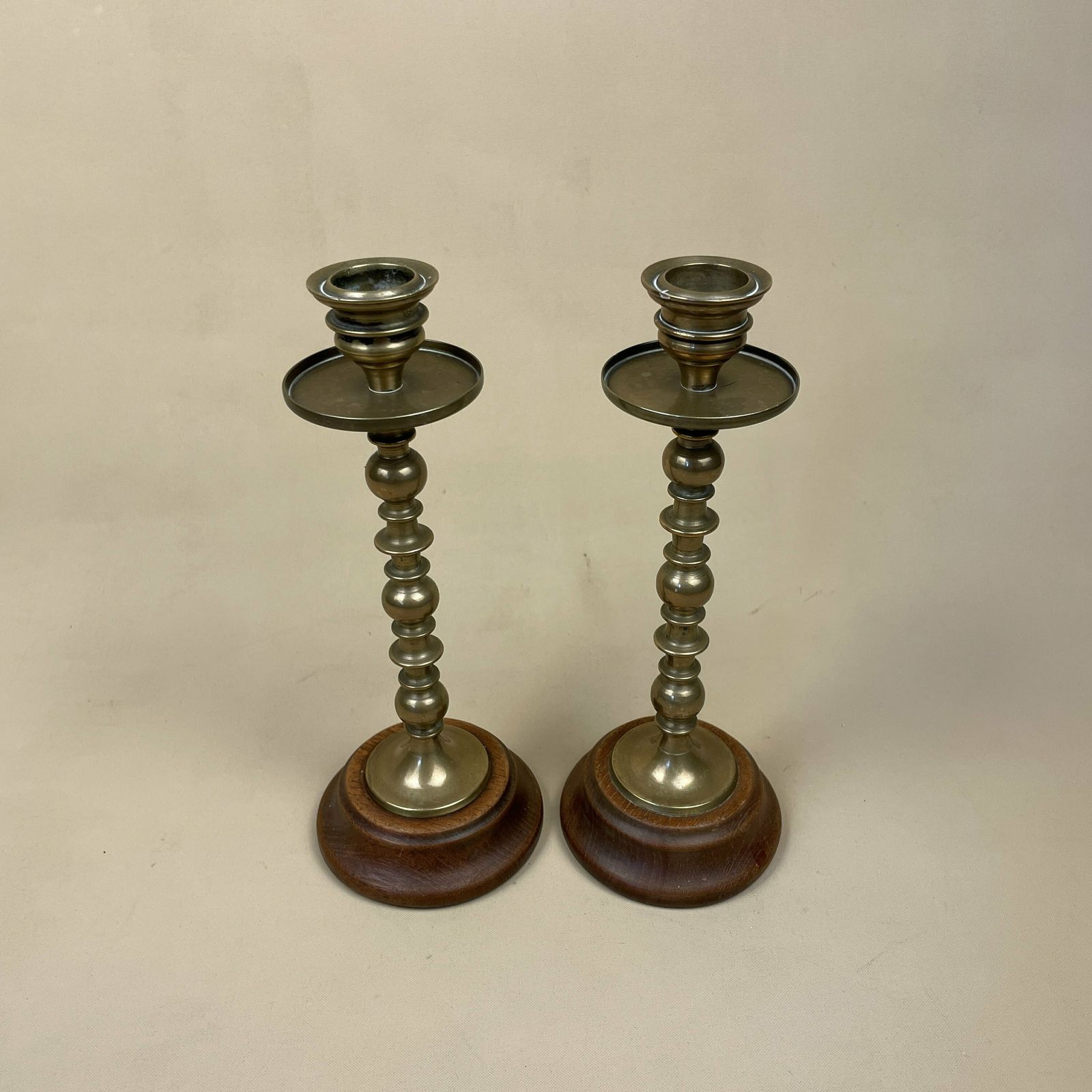 Antique Matching Pair Of Gold Solid Brass Metal Candlestick Candle Stick Vintage Column Taper Dinner Candlesticks Wood Wooden Base