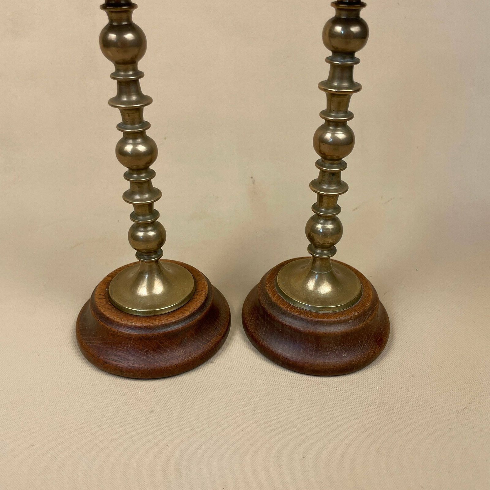 Antique Matching Pair Of Gold Solid Brass Metal Candlestick Candle Stick Vintage Column Taper Dinner Candlesticks Wood Wooden Base photo buy