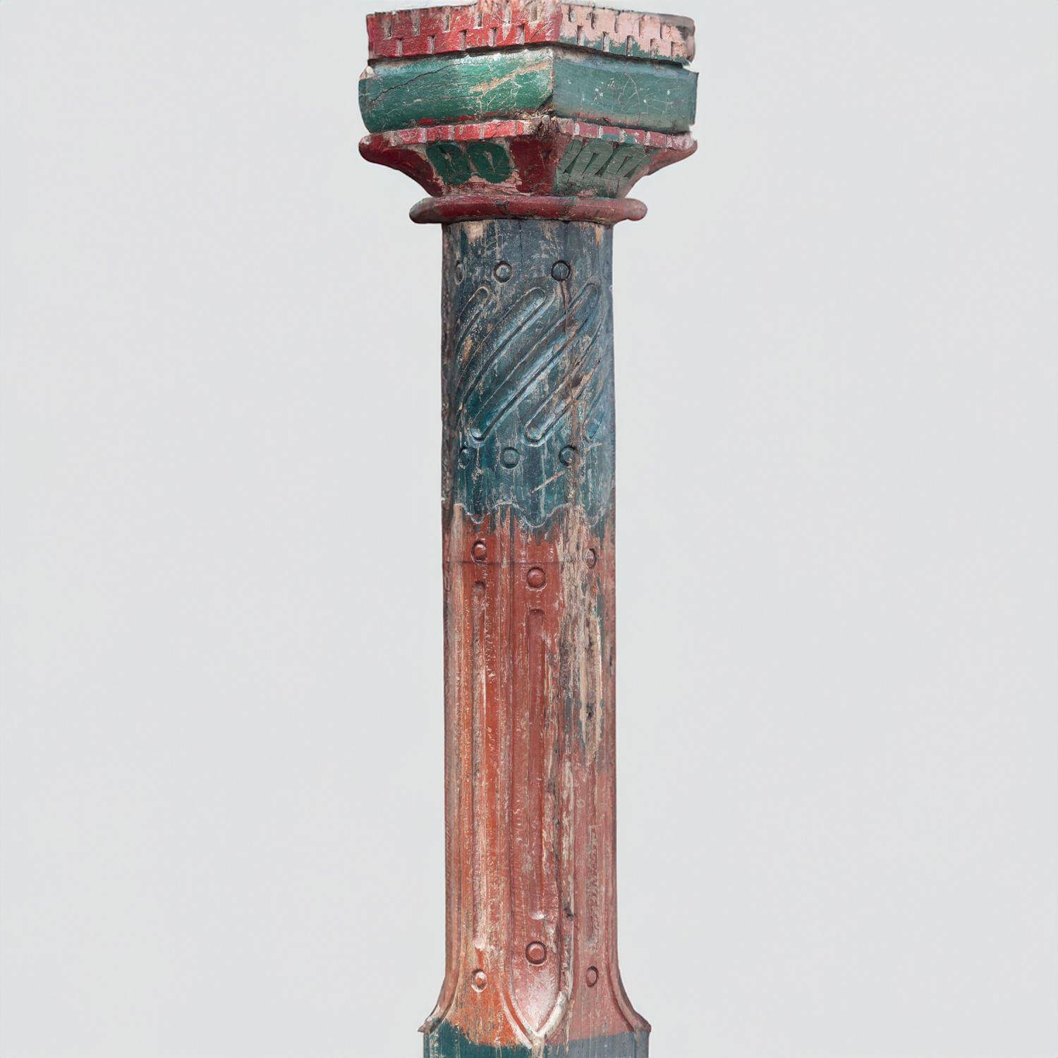 Pair Of Reclaimed Red & Green Carved Indian Columns On Stone Plinths H photo for sale