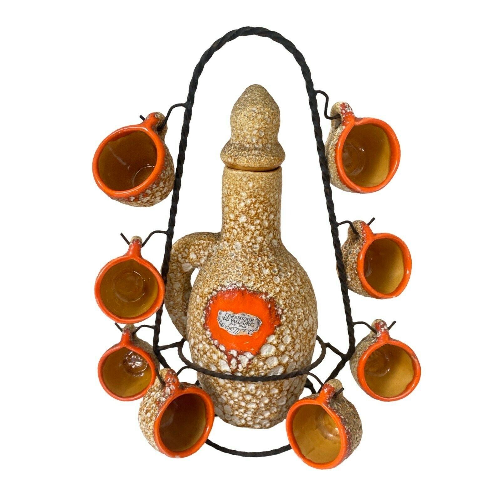Approx. 1970's   Fat Lava / Sea Foam   Vallauris Ceramic (Marked)   Decanter And Glasses photo furniture