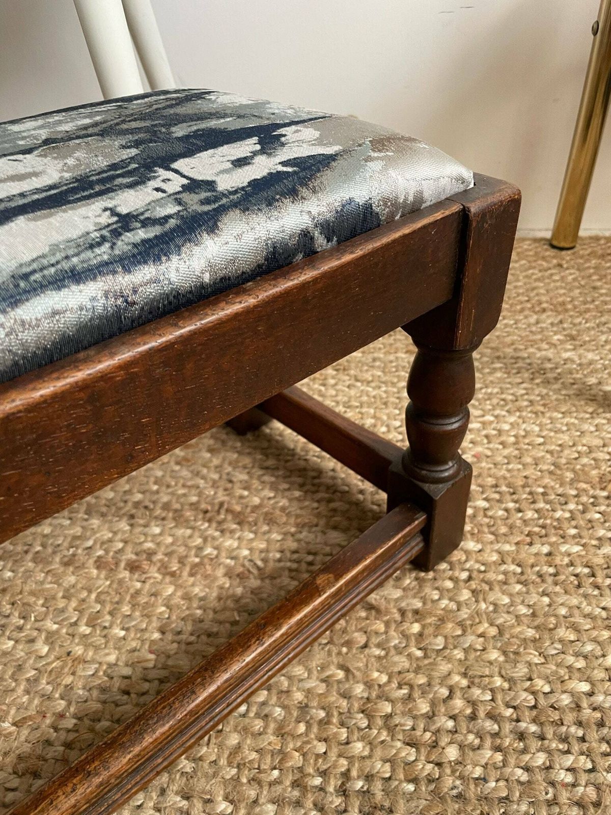 Chunky Dark Wooden Footstool With Andrew Martin Ink Blue Fabric Top photo for sale