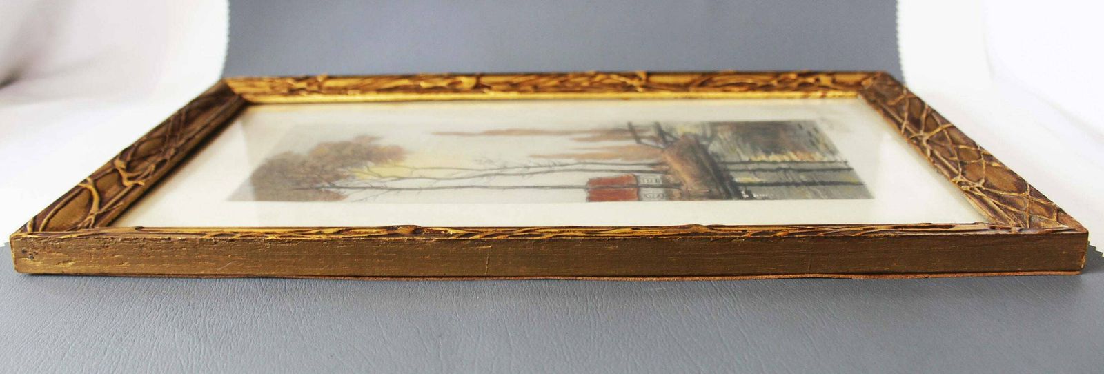 Circa 1900s Aquatint Etching, Signed By Artist Geo Doris, Carved Frame, Landscape Scenery Bridge Country Scene, photo buy