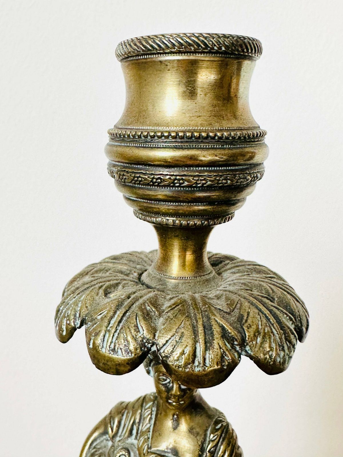 Antique Regency Bronze Candlestick, Art Nouveau Candlestick, Lady Palm Tree Leaves photo vinterior