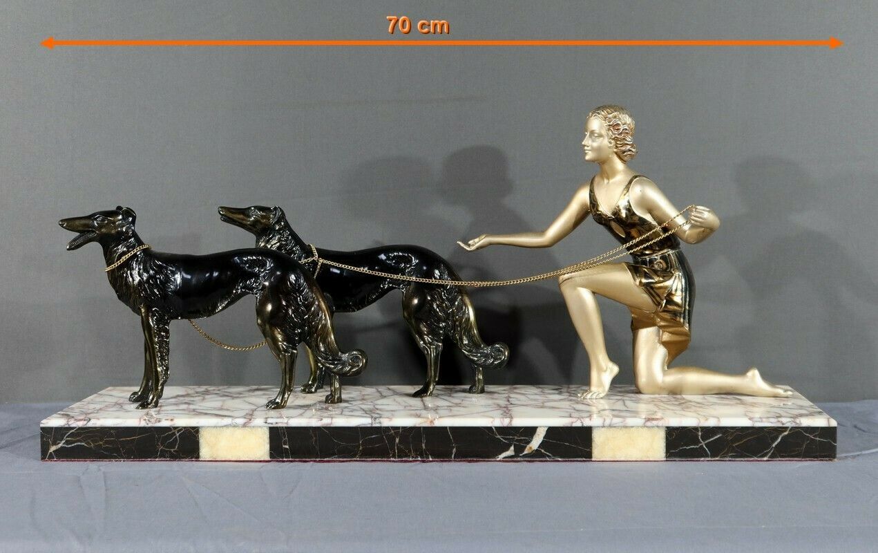 Woman With Greyhounds In Patinated Metal, Art Deco Period – 1930 photo furniture