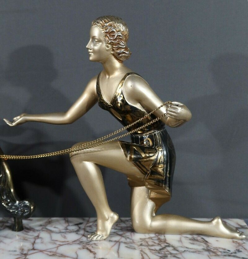 1100.0 Woman With Greyhounds In Patinated Metal, Art Deco Period – 1930 photo