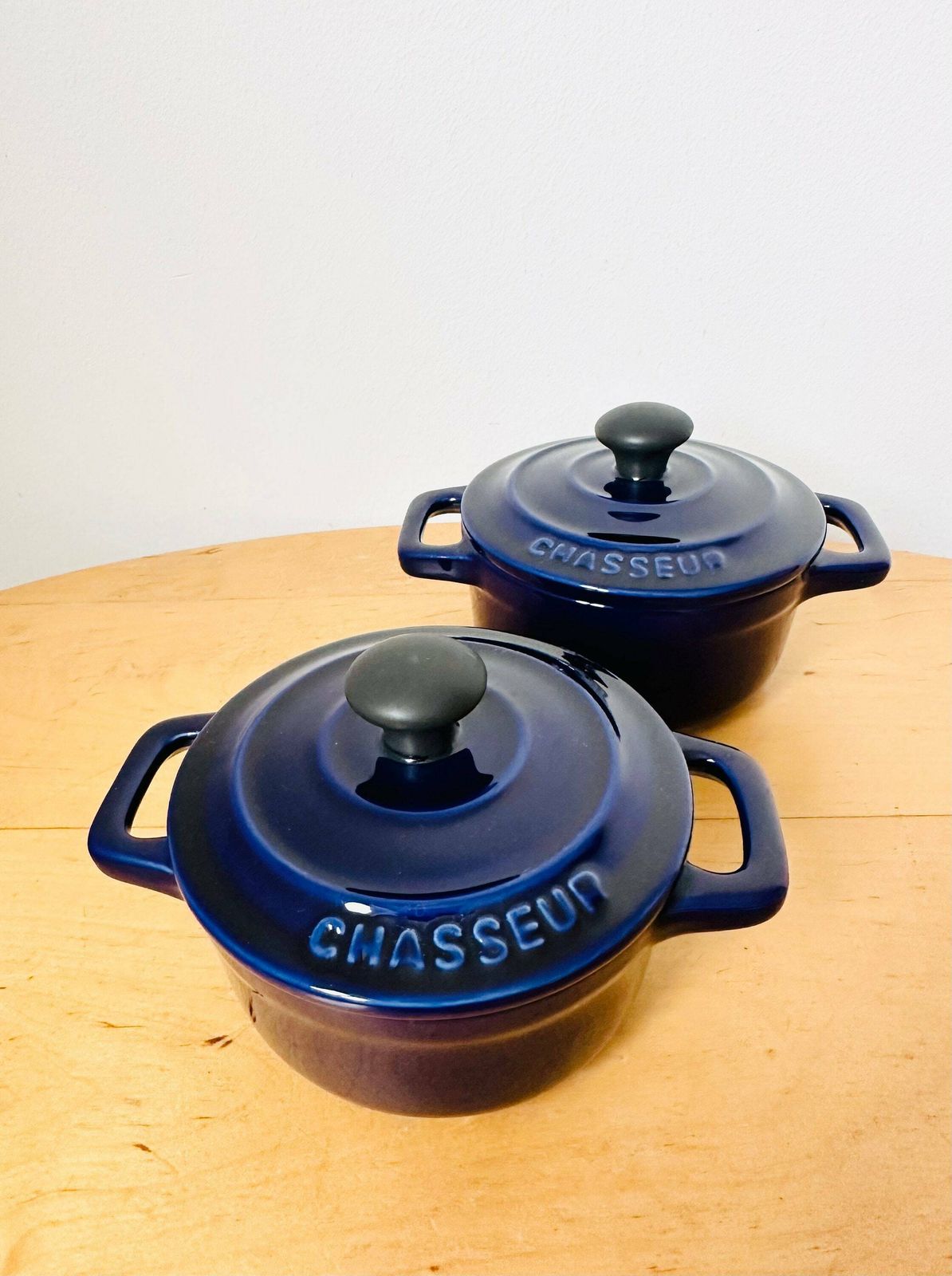 Pair Of Vintage Chasseur Round Casserole, Navvy Blue Enamelled Cast Iron photo furniture