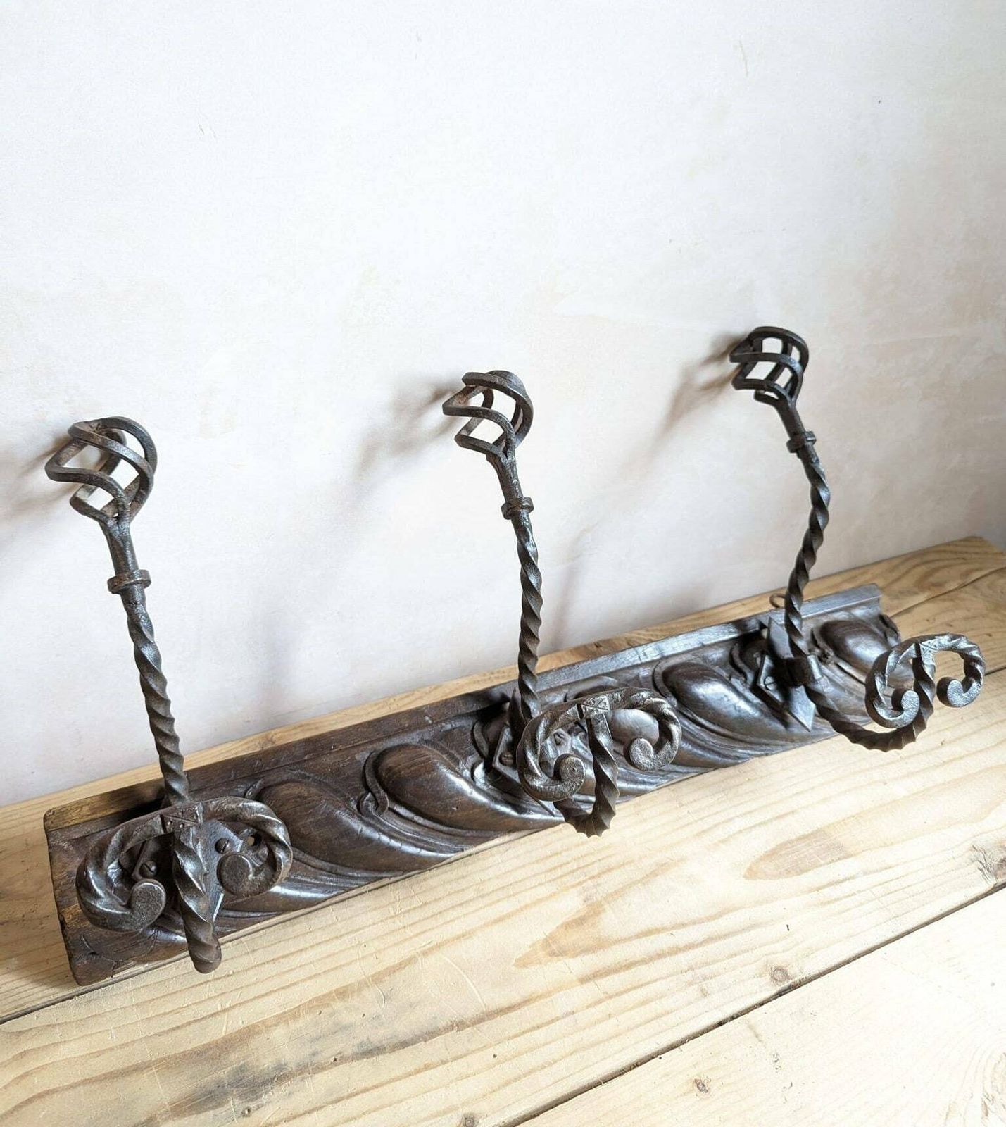 Vintage French Wrought Iron & Oak Coat Hooks Or Hat Hooks Hanging Hooks photo furniture