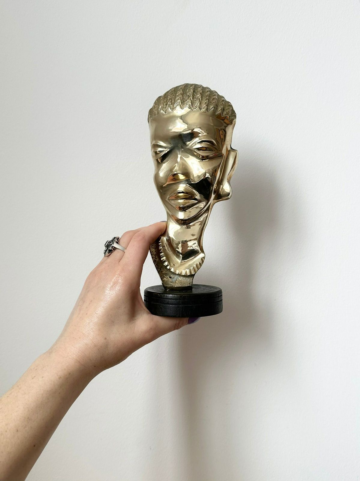 Vintage African Brass Head Sculpture On Wooden Stand photo furniture