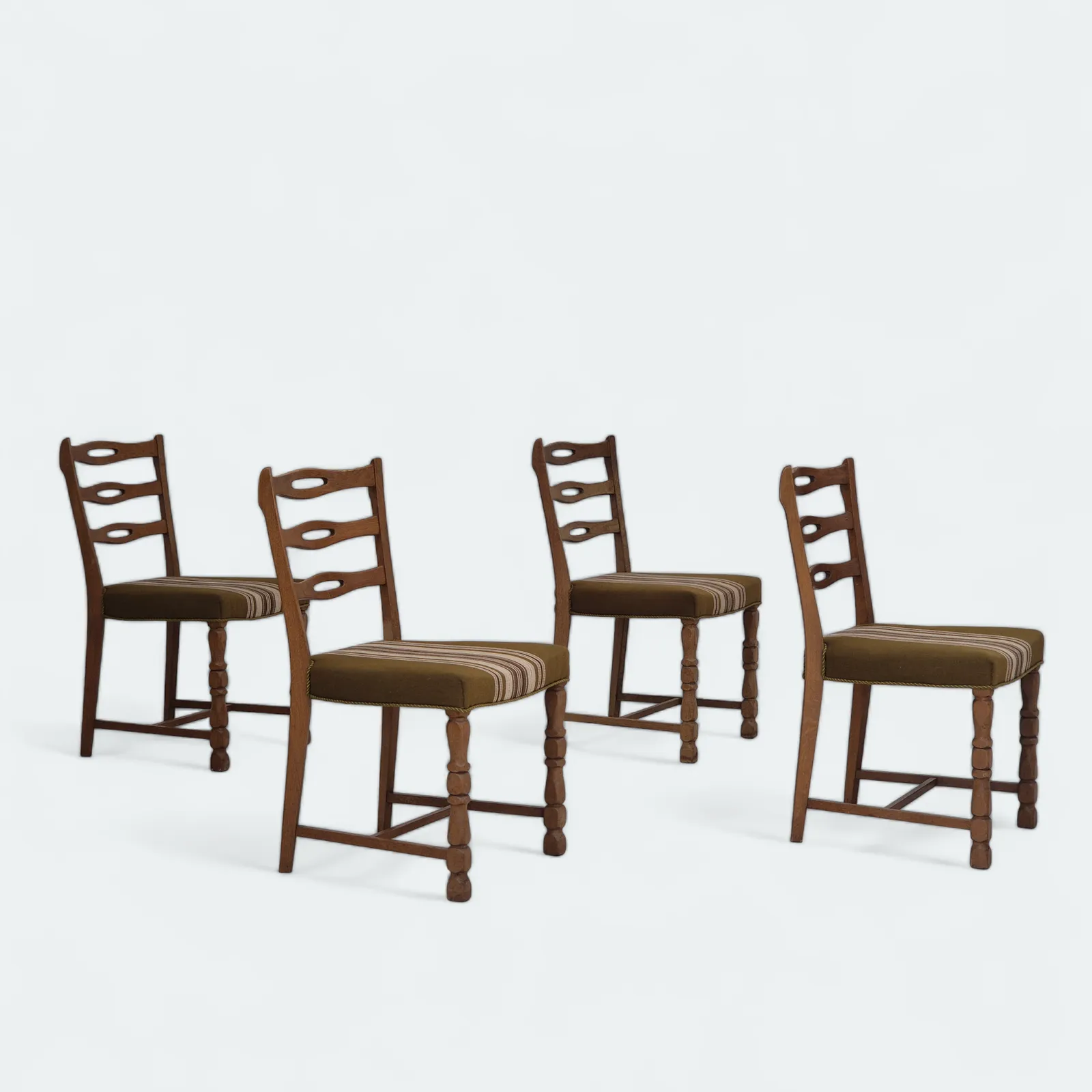 1970s, Set Of 4 Danish Dining Chairs In Oak Wood, Green Furniture Wool.