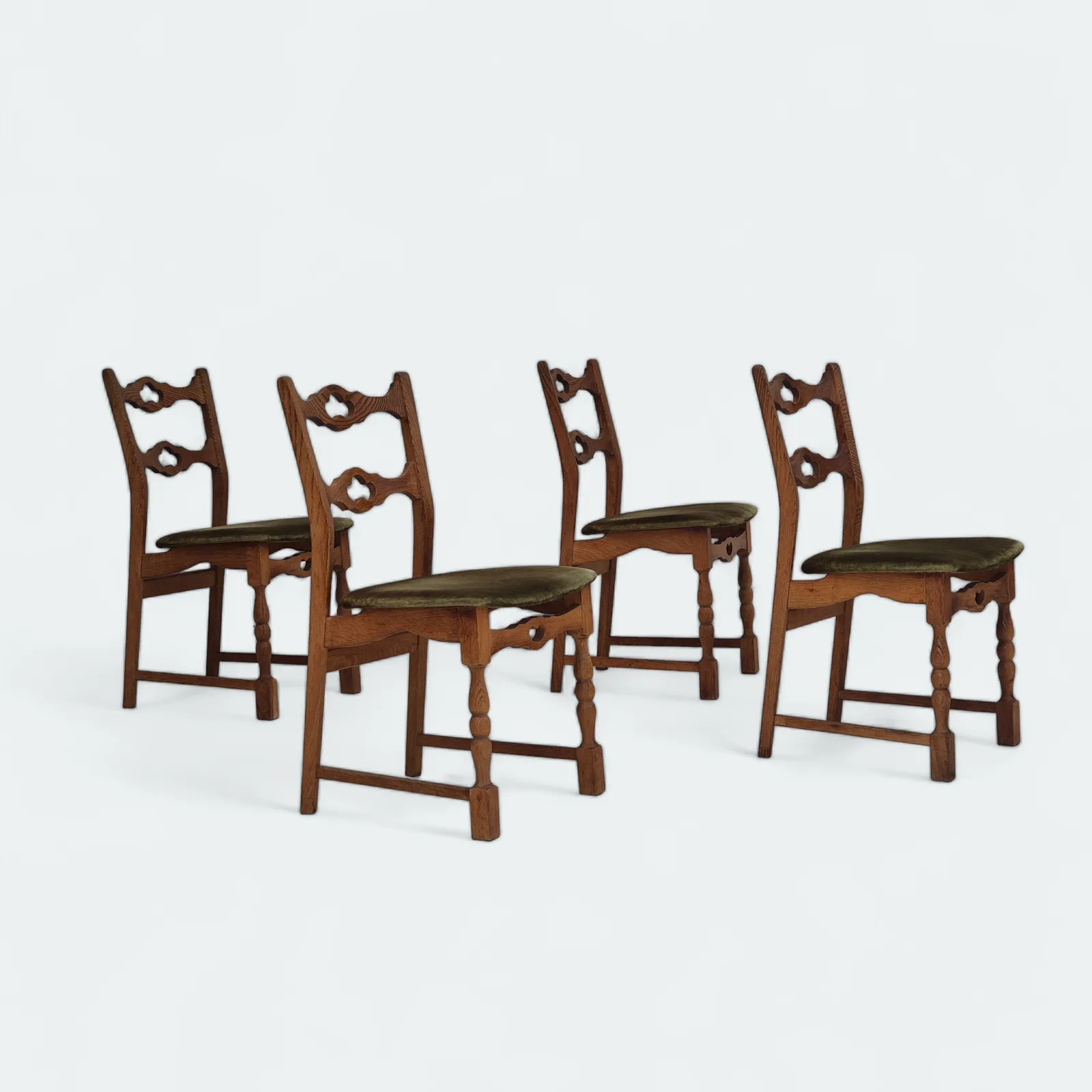 1970s, Set Of 4 Danish Dining Chairs, Original Condition, Oak Wood, Furniture Velour.