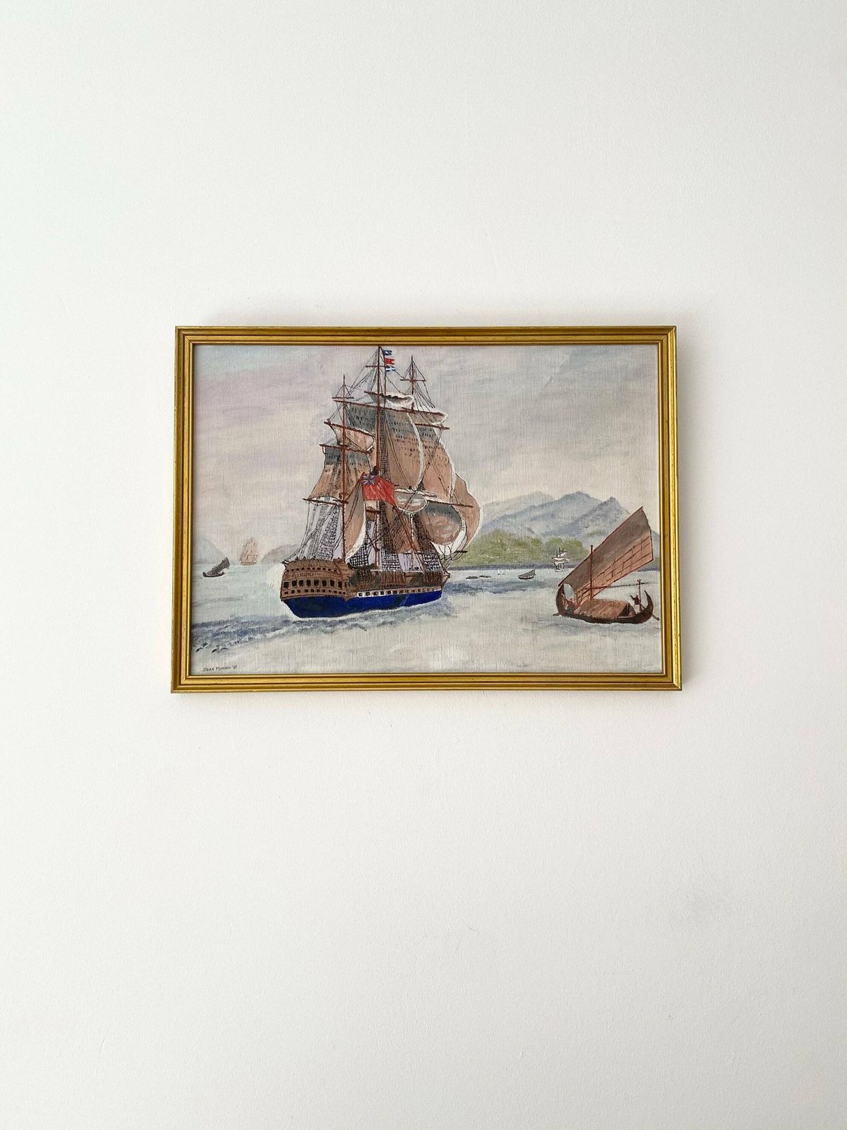 Vintage Acrylic Painting, Boats, Nautical Home, Landscape, Original Signed Art, Framed Painting, Coastal House Decor
