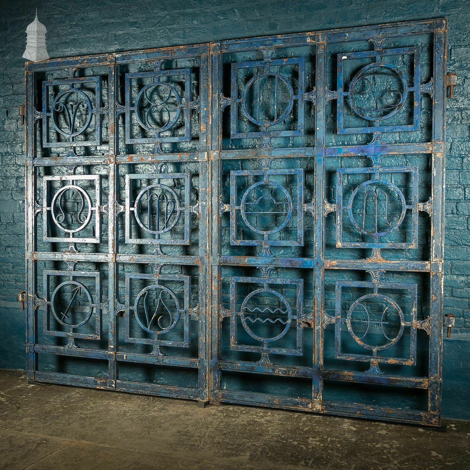 Pair Of Large Cast Iron Gates With Zodiac Symbols photo for sale