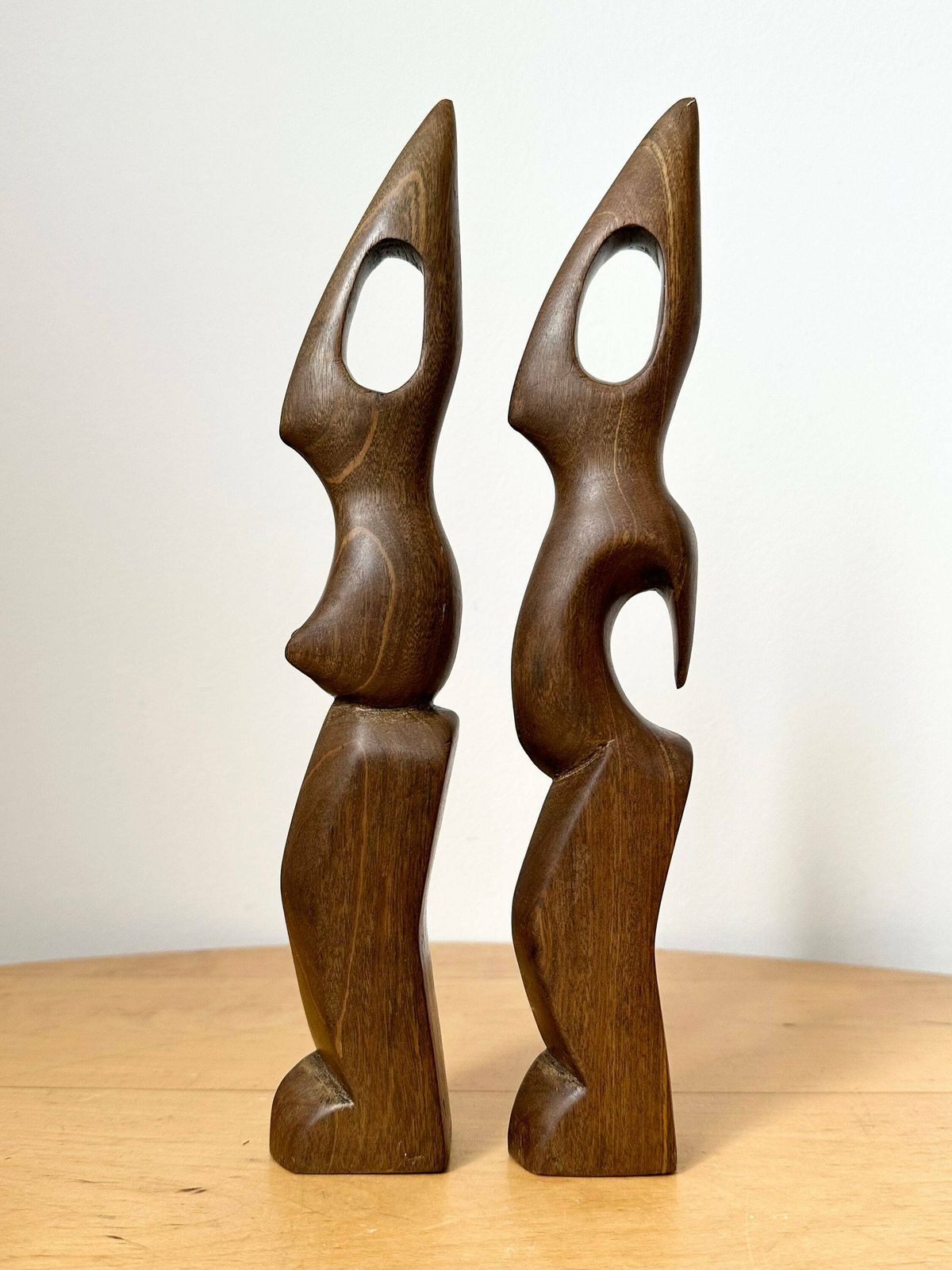 Hand Carved Biomorphic Wooden Sculptures, Man And Woman, Abstract Wood Carvings photo vintage