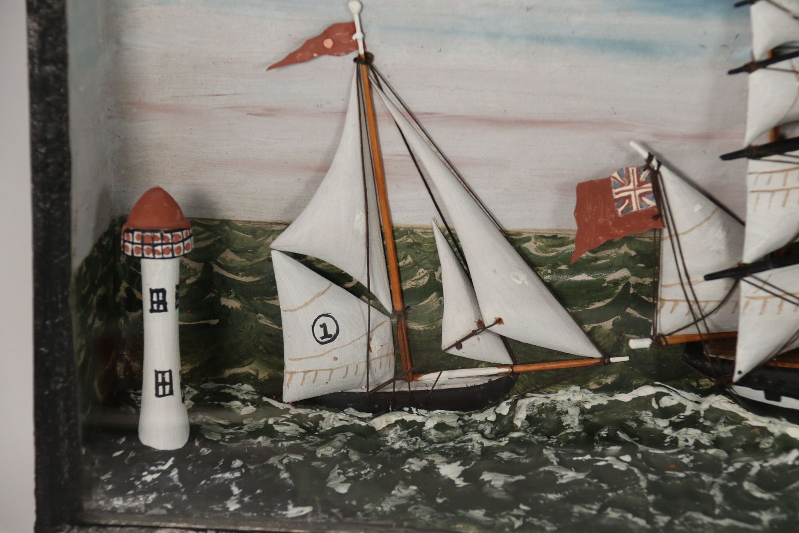 A 19th  Century Folk Art Diorama Of Two Sailing Vessels Racing At Sea Circa 1860 photo vinterior