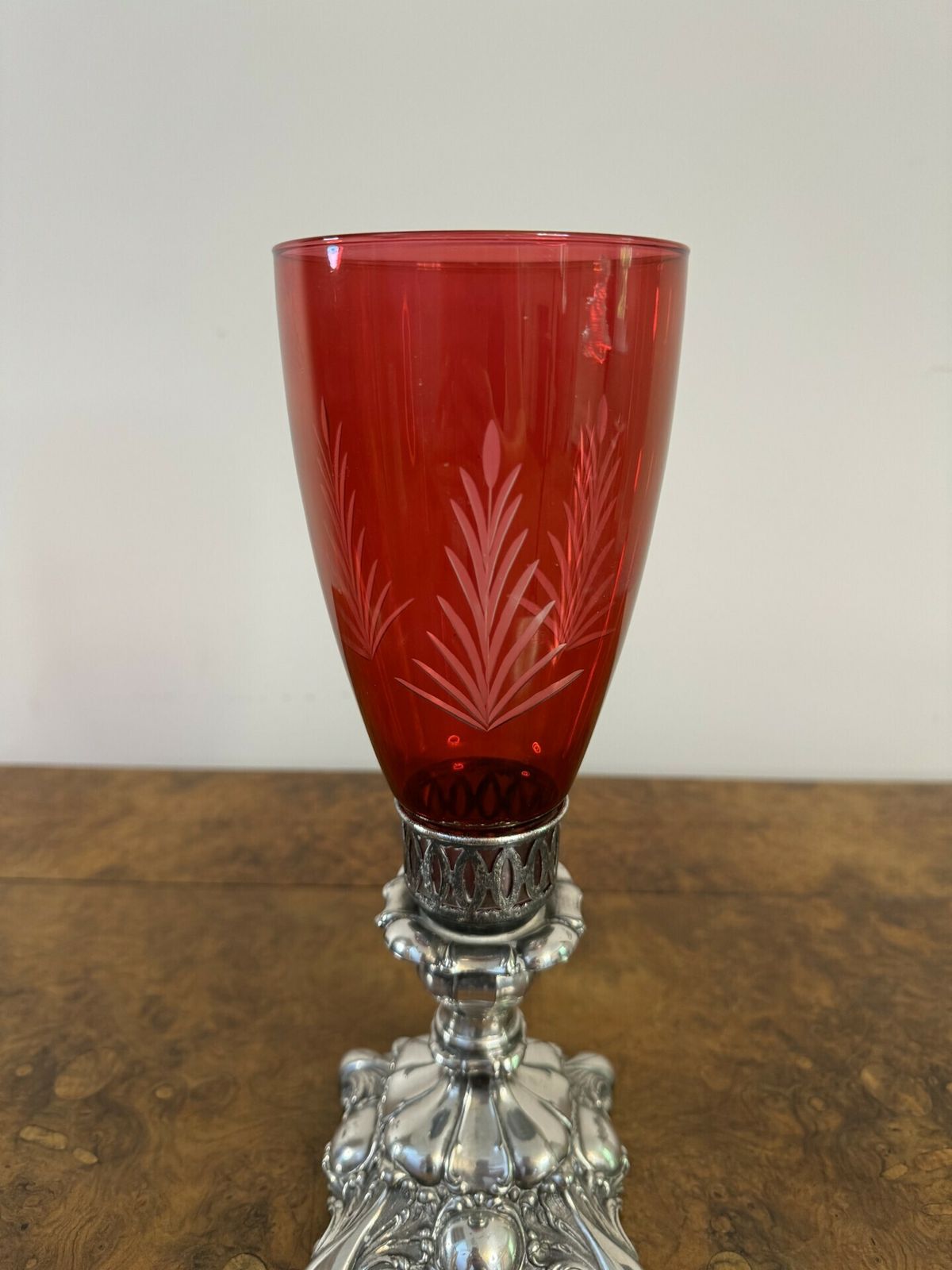Attractive Pair Of Antique Ruby Glass And Silver Plated Candle Holders photo furniture