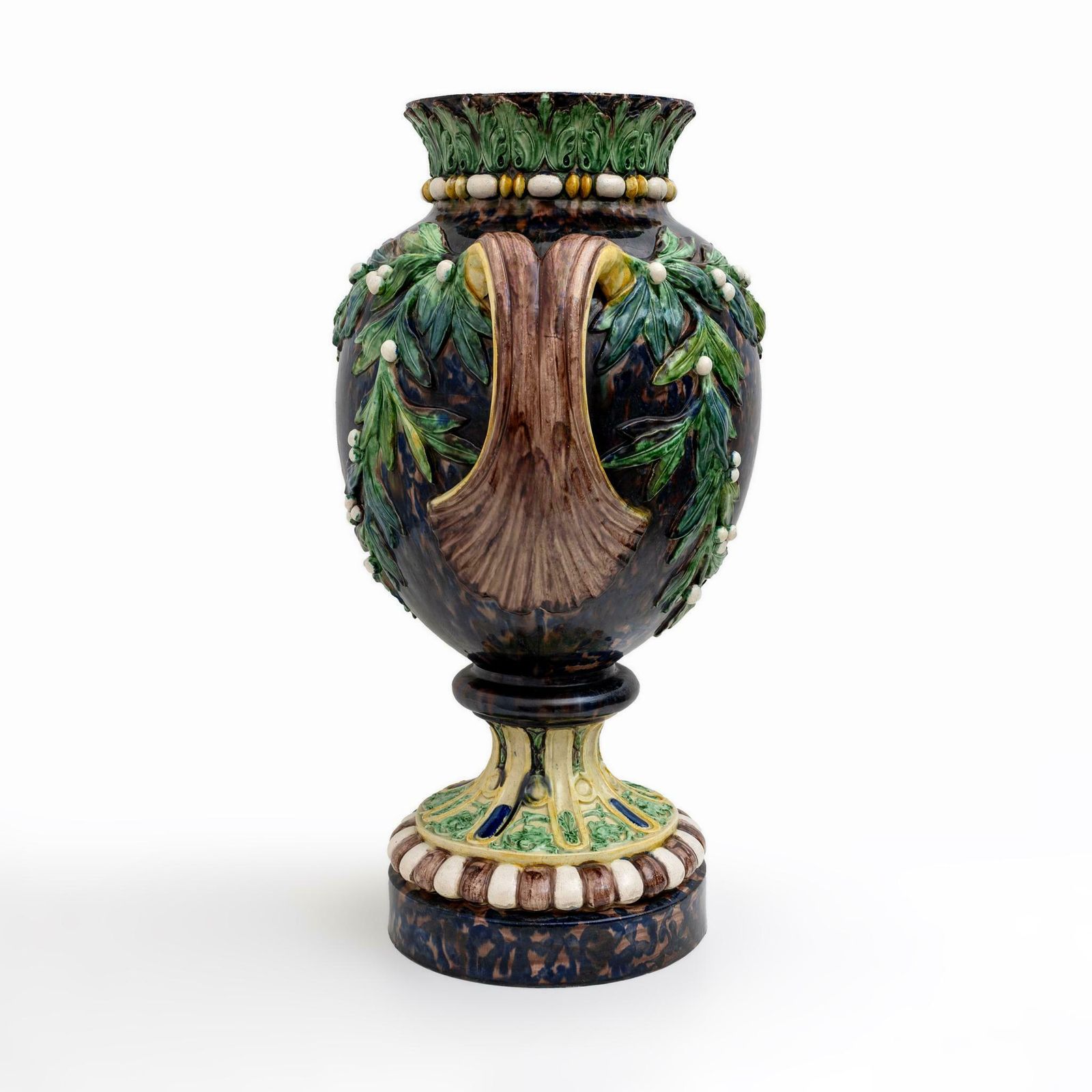 Large 19th Century French Majolica Renaissance Palissy Vase With Mistletoe, 1880 photo vintage