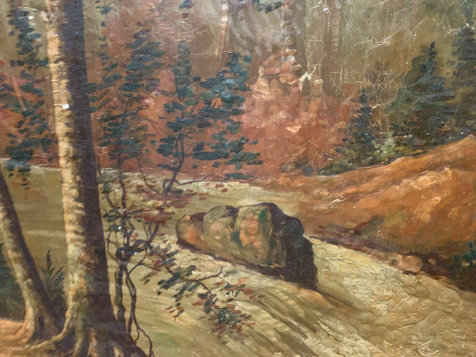 photo vintage Oil On Canvas "View Of A Watercourse" Decorative Wall Panels 20th Century