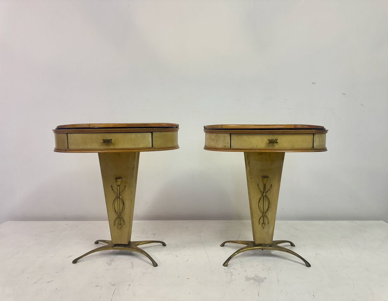 photo for sale Pair Of 1950s Italian Parchment Bedside Tables Or Nightstands