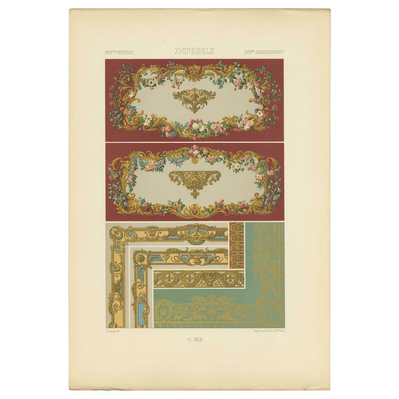 Pl. 92 Antique Print Of Xviiith Century Ornaments By Racinet, Circa 1890