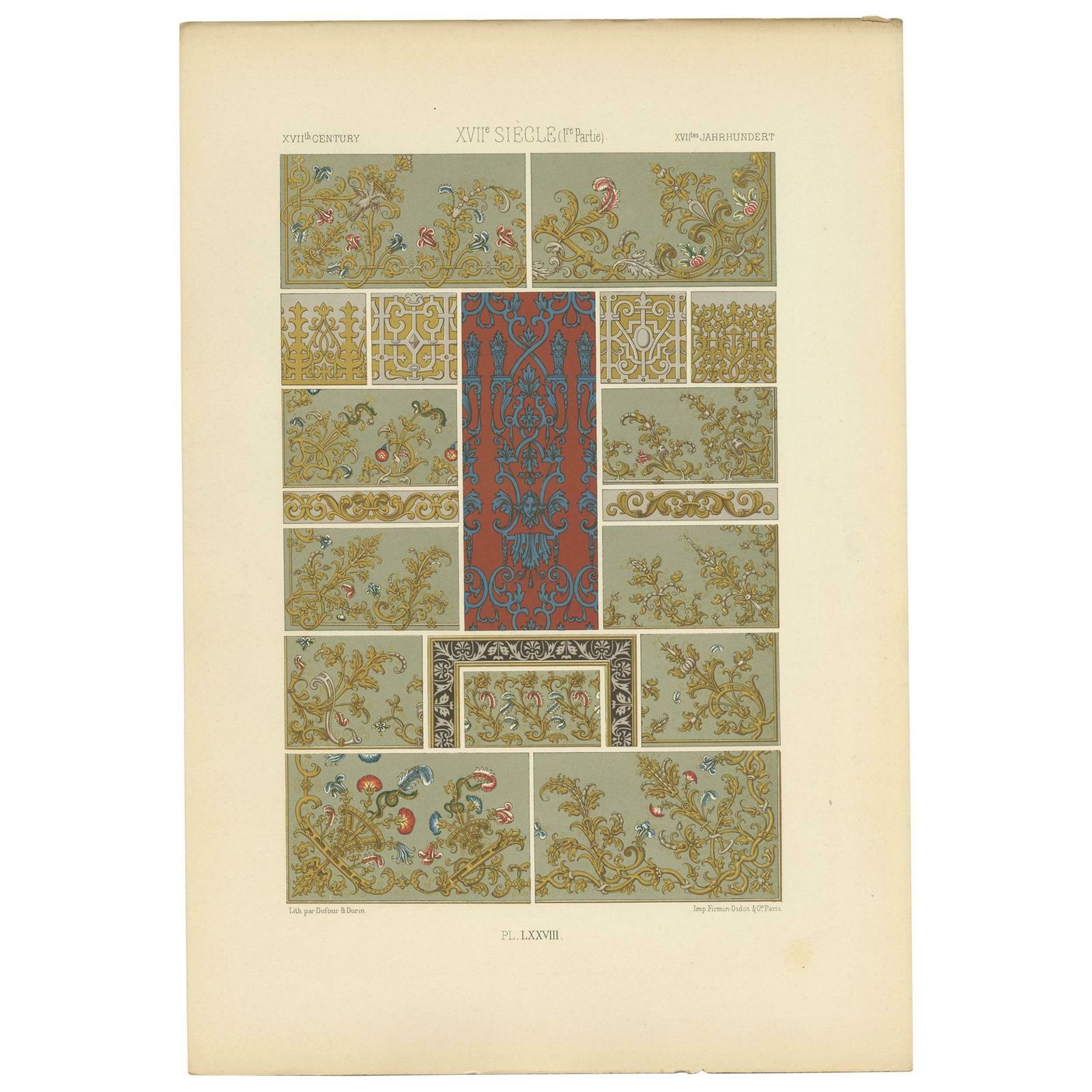 Pl. 78 Antique Print Of Xviith Century Ornaments By Racinet (C.1890)
