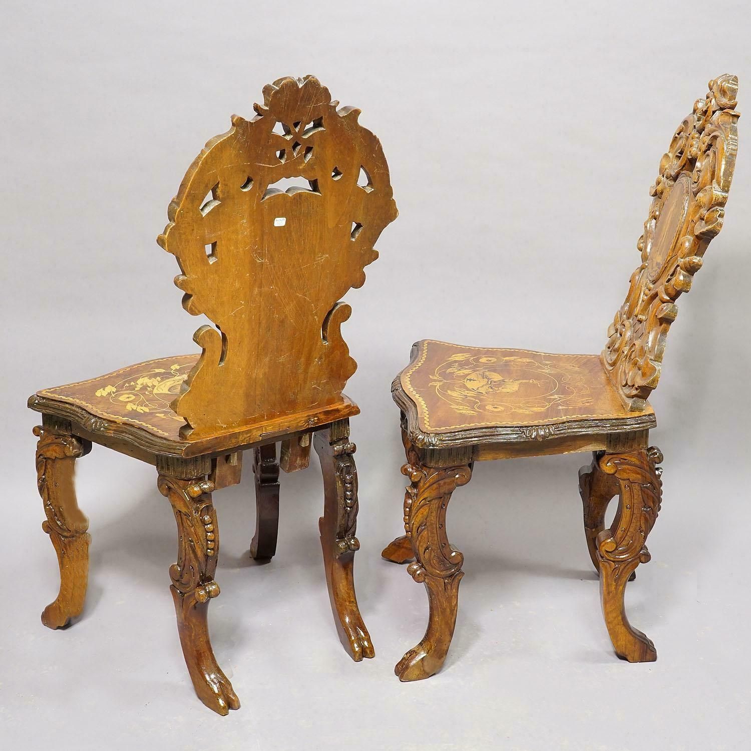 Pair Nutwood Edelweis Marquetry Chairs Swiss Brienz 1900s photo for sale