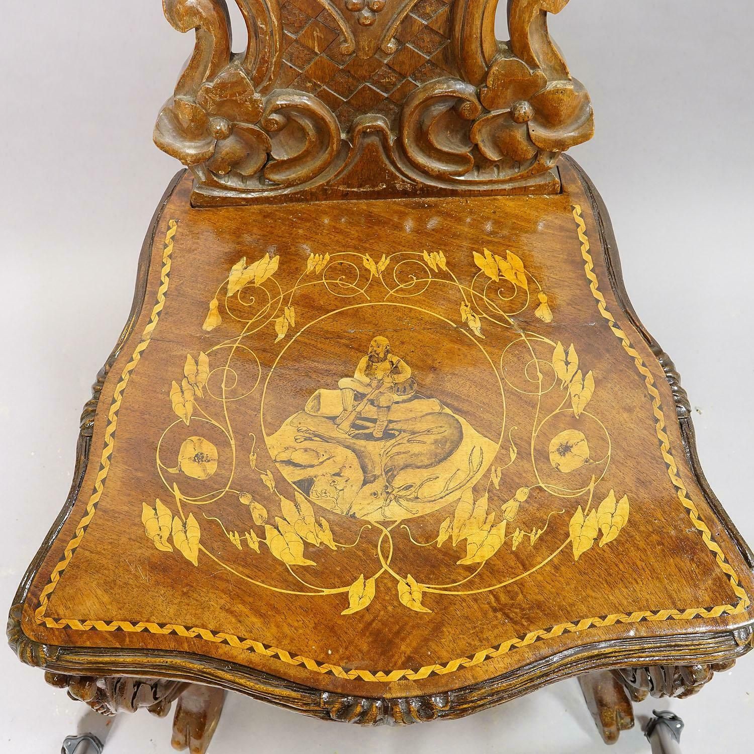 Pair Nutwood Edelweis Marquetry Chairs Swiss Brienz 1900s photo buy