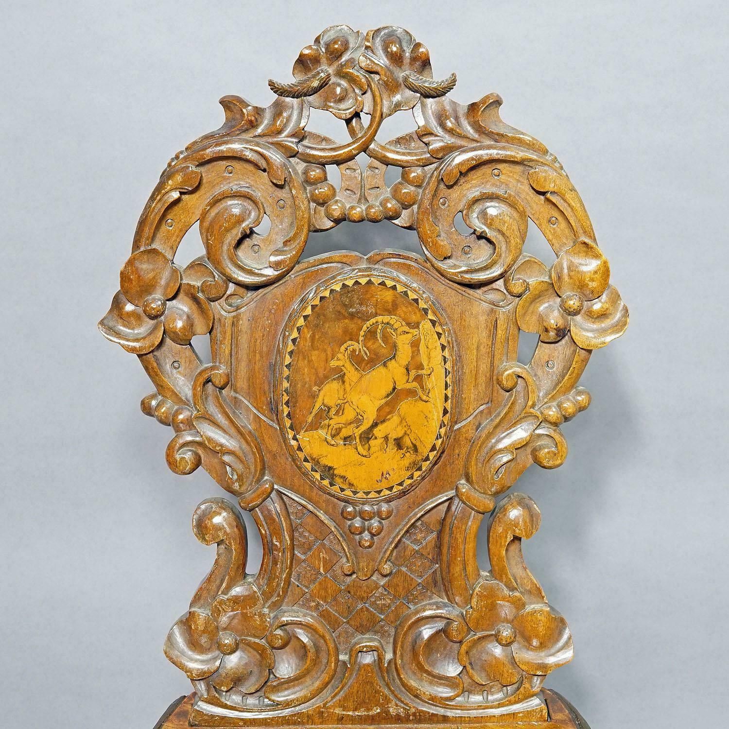 photo furniture Pair Nutwood Edelweis Marquetry Chairs Swiss Brienz 1900s