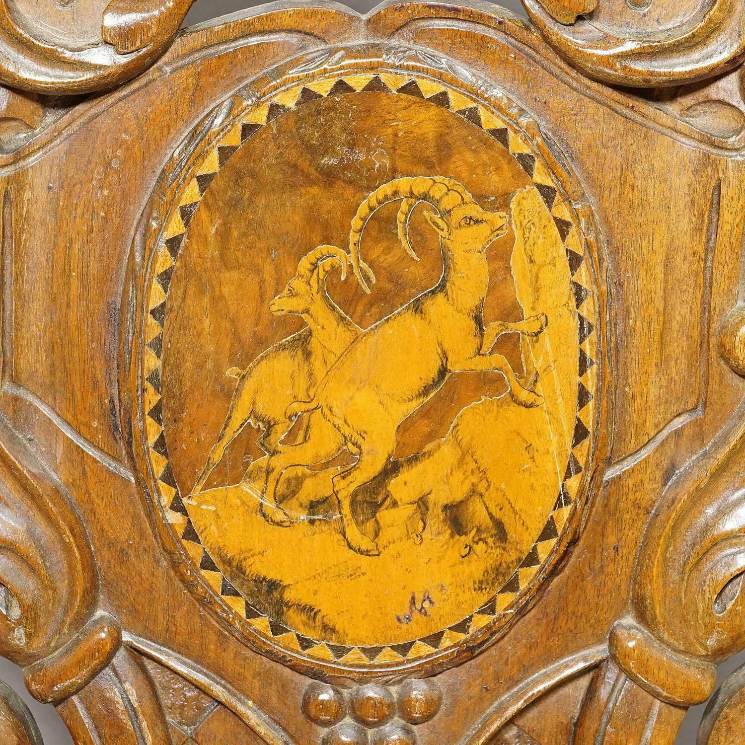 photo for sale Pair Nutwood Edelweis Marquetry Chairs Swiss Brienz 1900s