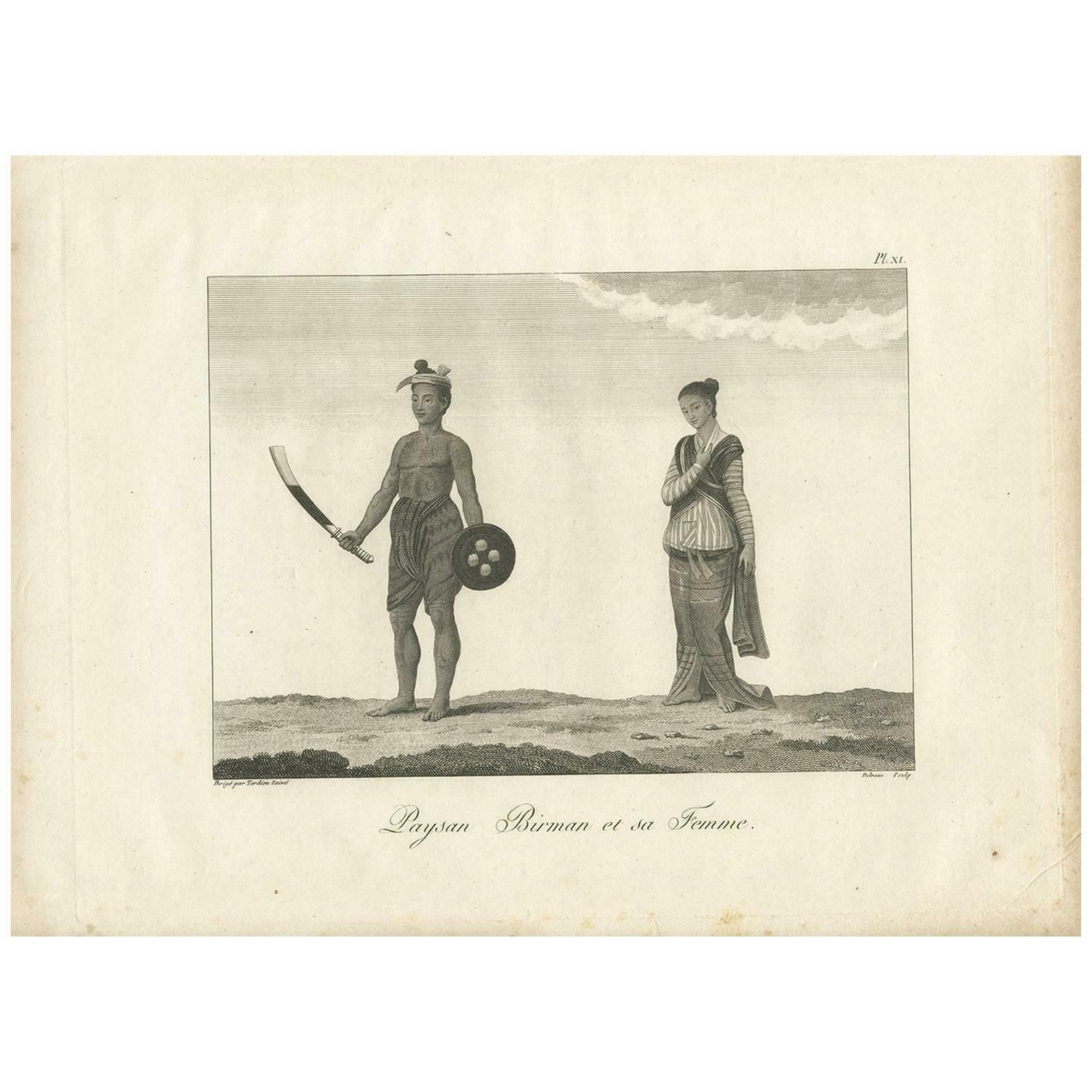 Antique Print Of A Burmese Peasant And His Wife By Symes, 1800