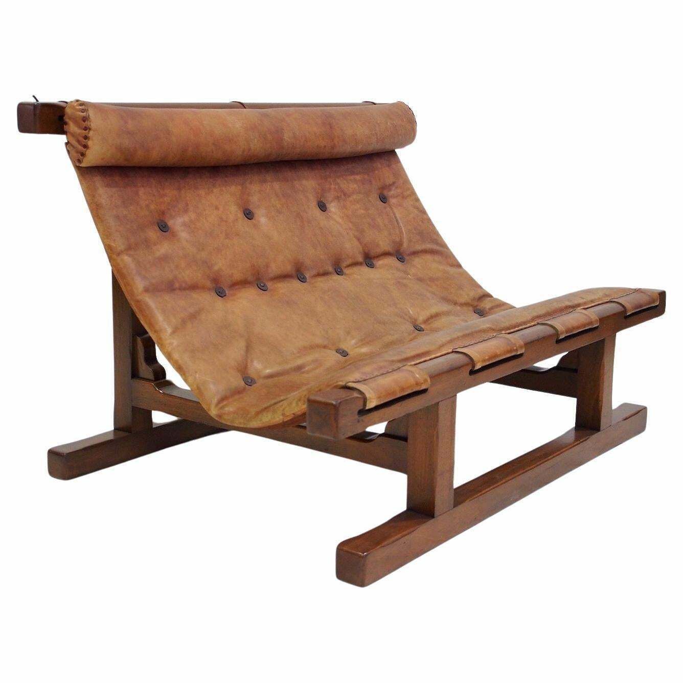 20th Century Brazilian Brown Leather And Hardwood Sofa