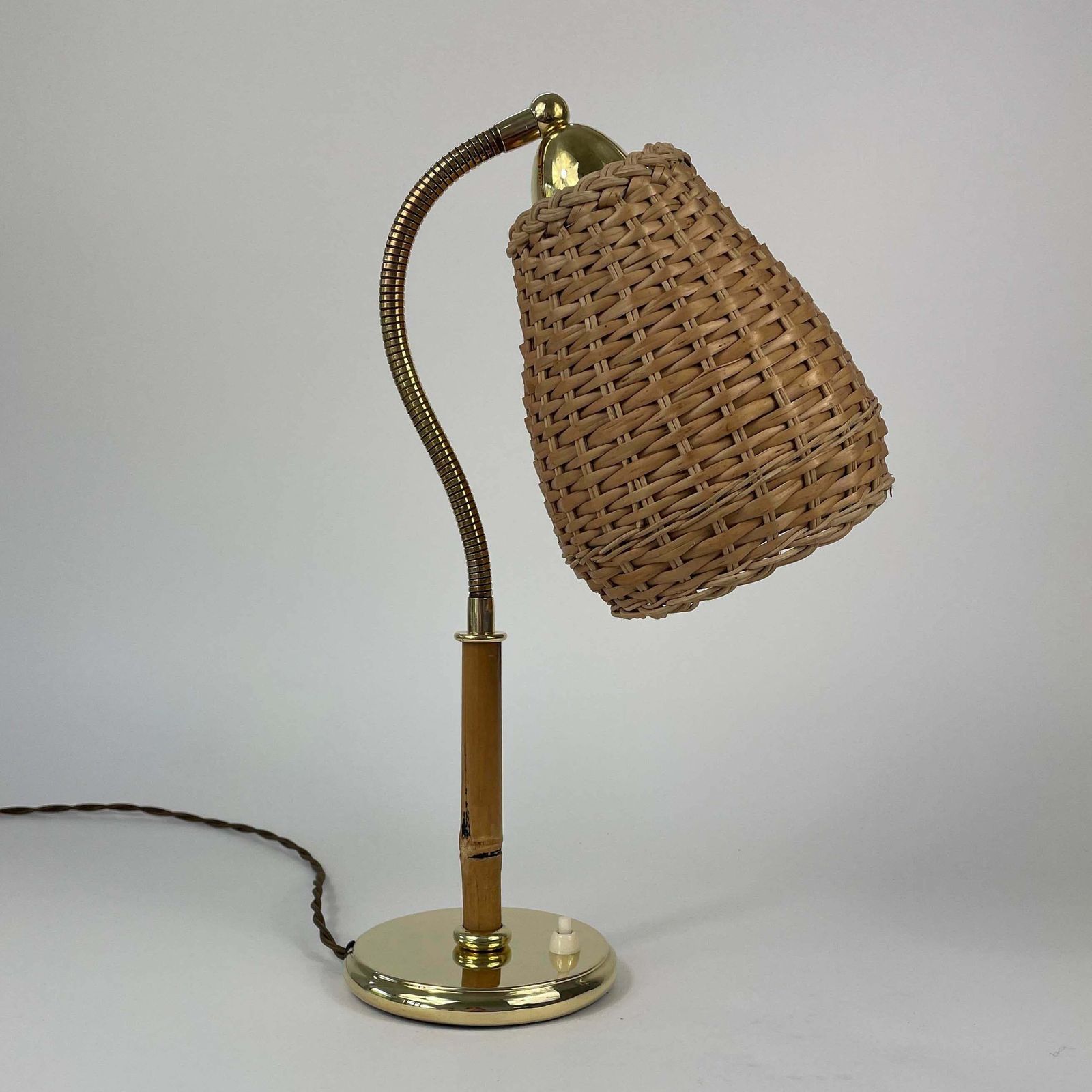 Wicker, Bamboo & Brass Table Lamp, Austria 1950s photo for sale