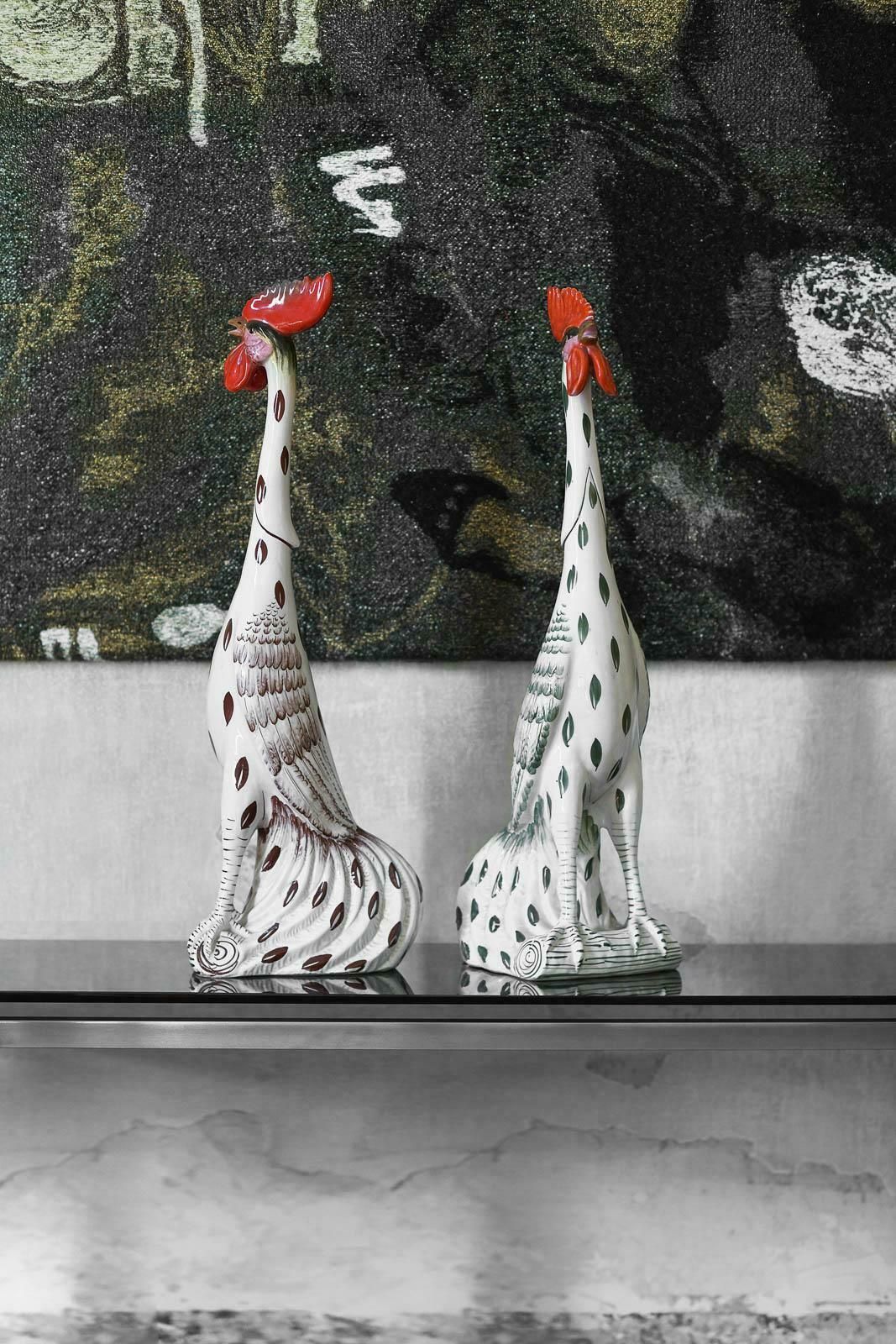 Pair Of Roosters In Glazed Ceramic With Handmade Decorations photo furniture