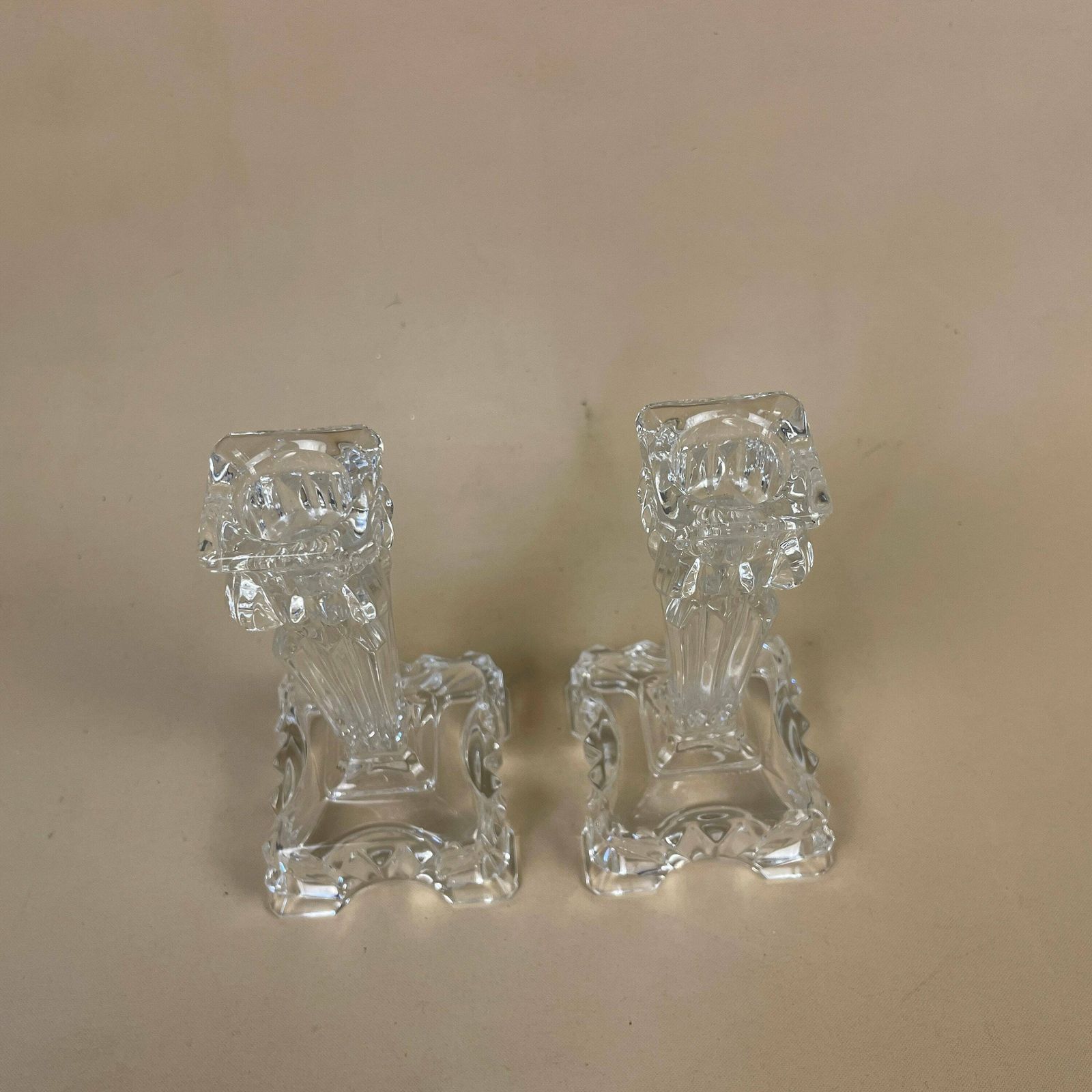 Vintage Pair Of Matching Clear Glass Candlestick Candle Stick Holder Taper Dinner Candlesticks Chandelier Square Base Antique Art Deco photo for sale