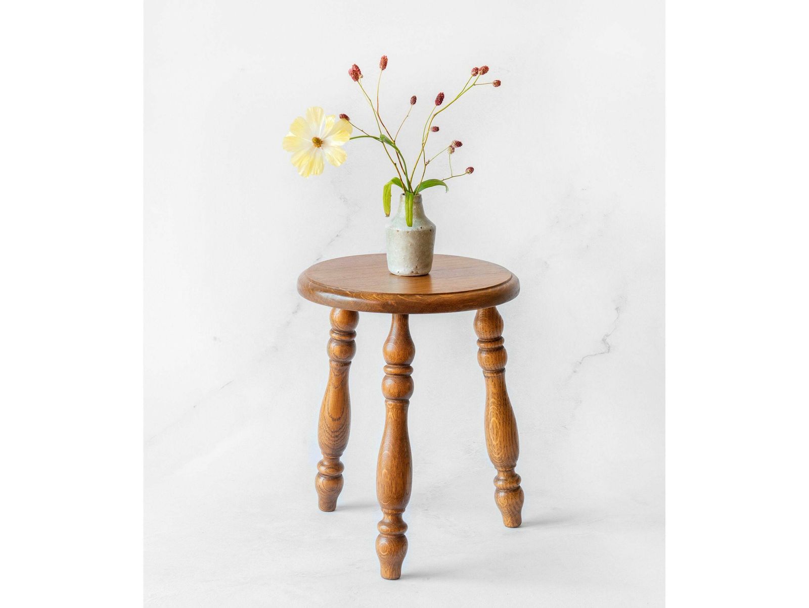 Oak Wooden Stool With Turned Legs, Antique Tripod Table, Old Farmers Stool, Rustic Plant Stand, Small Hand Carved Table, Farmhouse Decor photo furniture