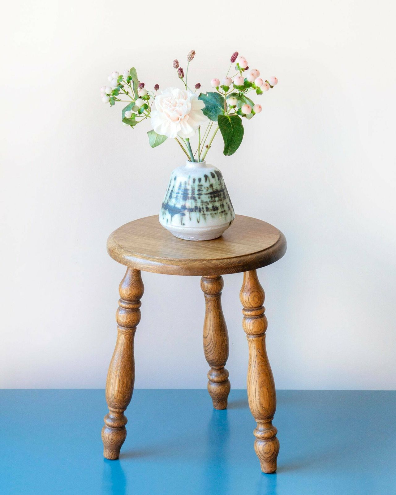 Oak Wooden Stool With Turned Legs, Antique Tripod Table, Old Farmers Stool, Rustic Plant Stand, Small Hand Carved Table, Farmhouse Decor photo buy