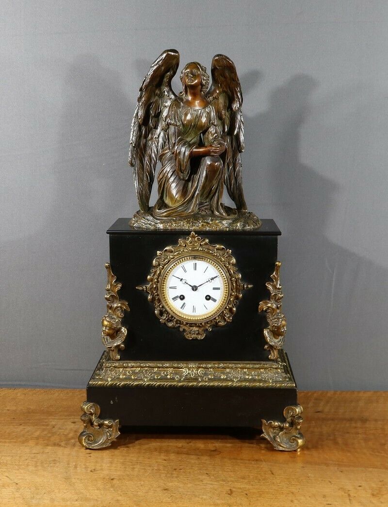 Marble And Bronze Clock, “The Angel In Contemplation”, Miroy Frères, Napoleon III Period – Mid 19th Century