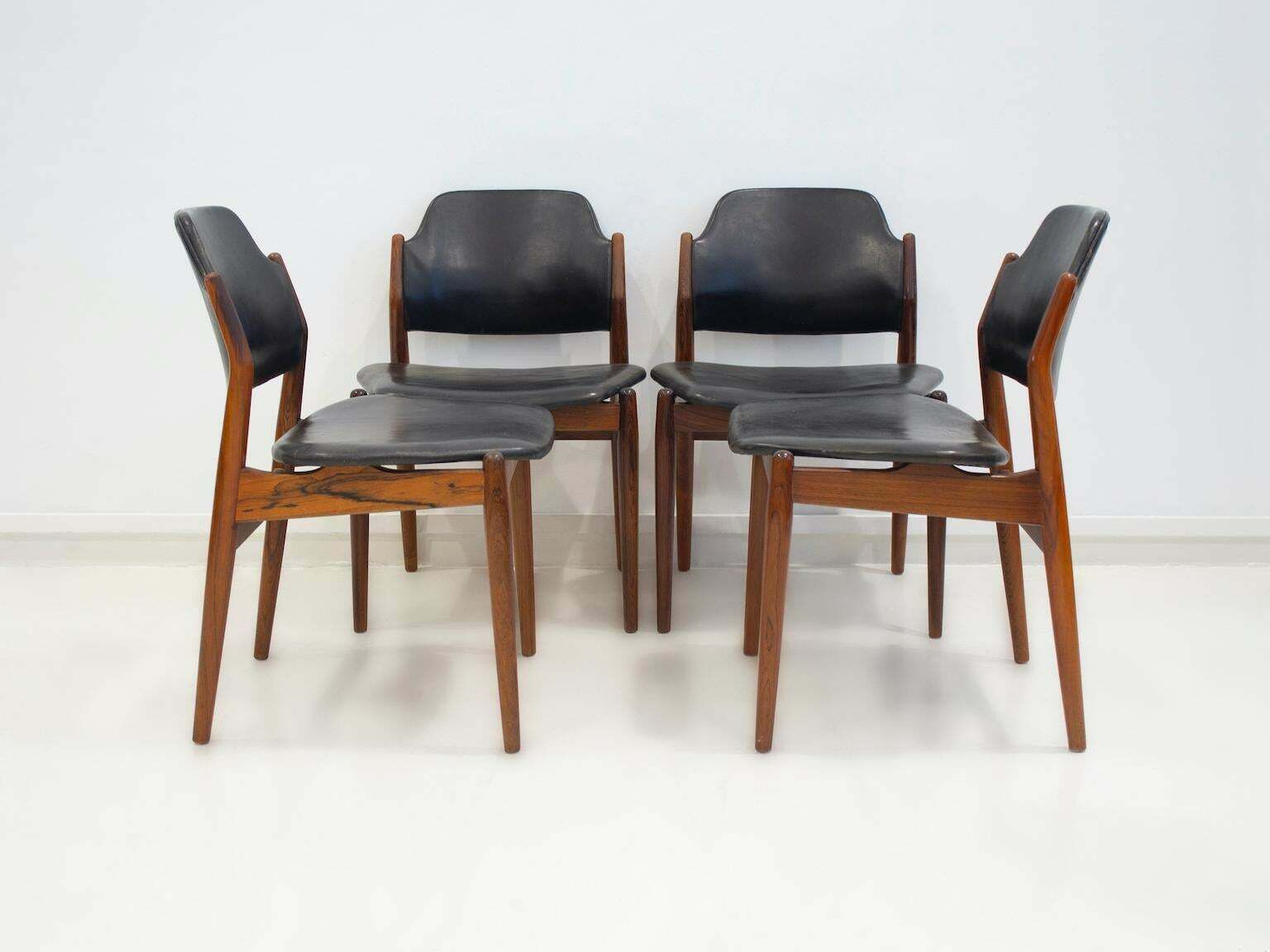 Set Of Four Arne Vodder Hardwood And Black Leather Chairs photo for sale