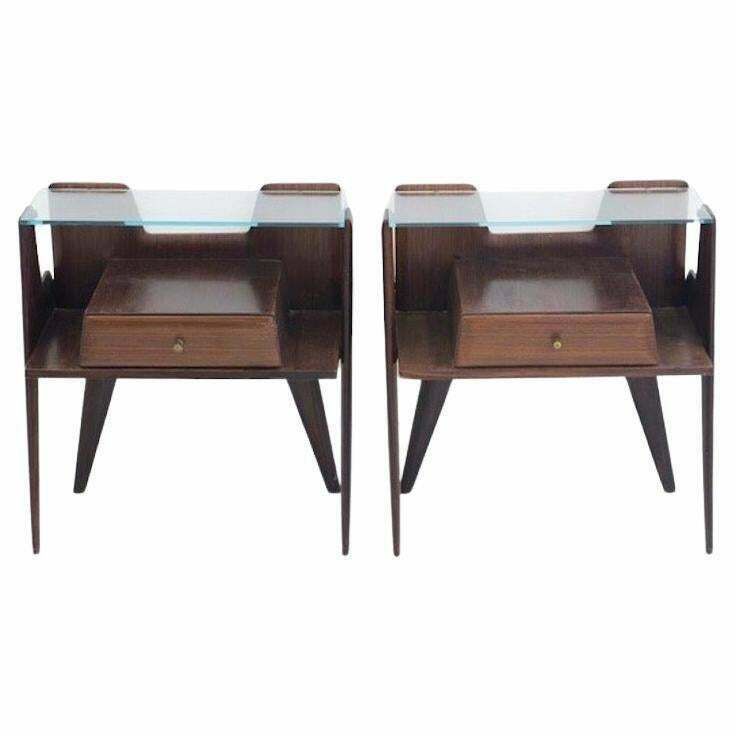 Pair Of Italian Modernist Wooden Bedside Tables With Glass Top