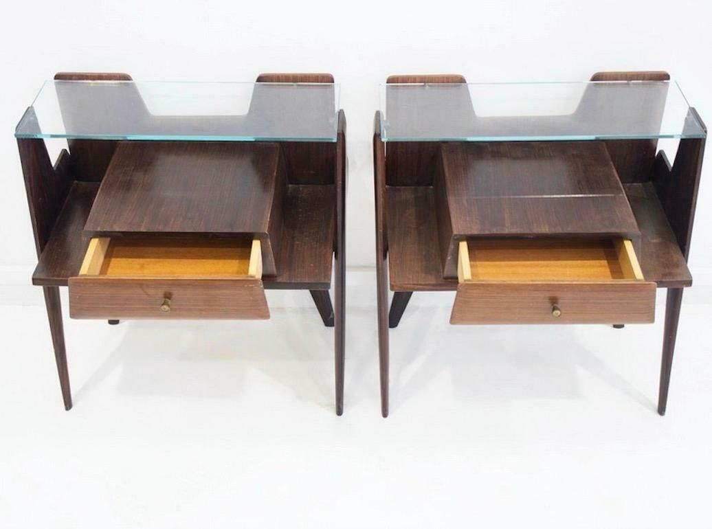 Pair Of Italian Modernist Wooden Bedside Tables With Glass Top photo Furniture