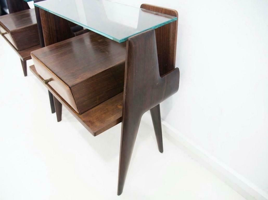 Pair Of Italian Modernist Wooden Bedside Tables With Glass Top photo vinterior