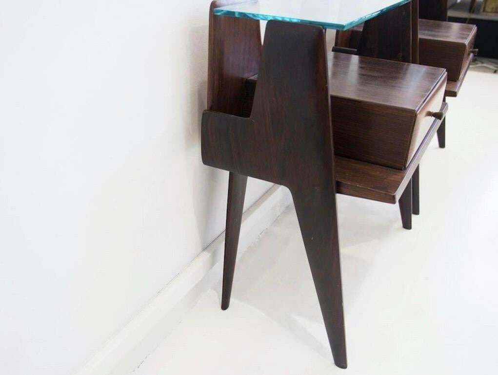Pair Of Italian Modernist Wooden Bedside Tables With Glass Top photo buy