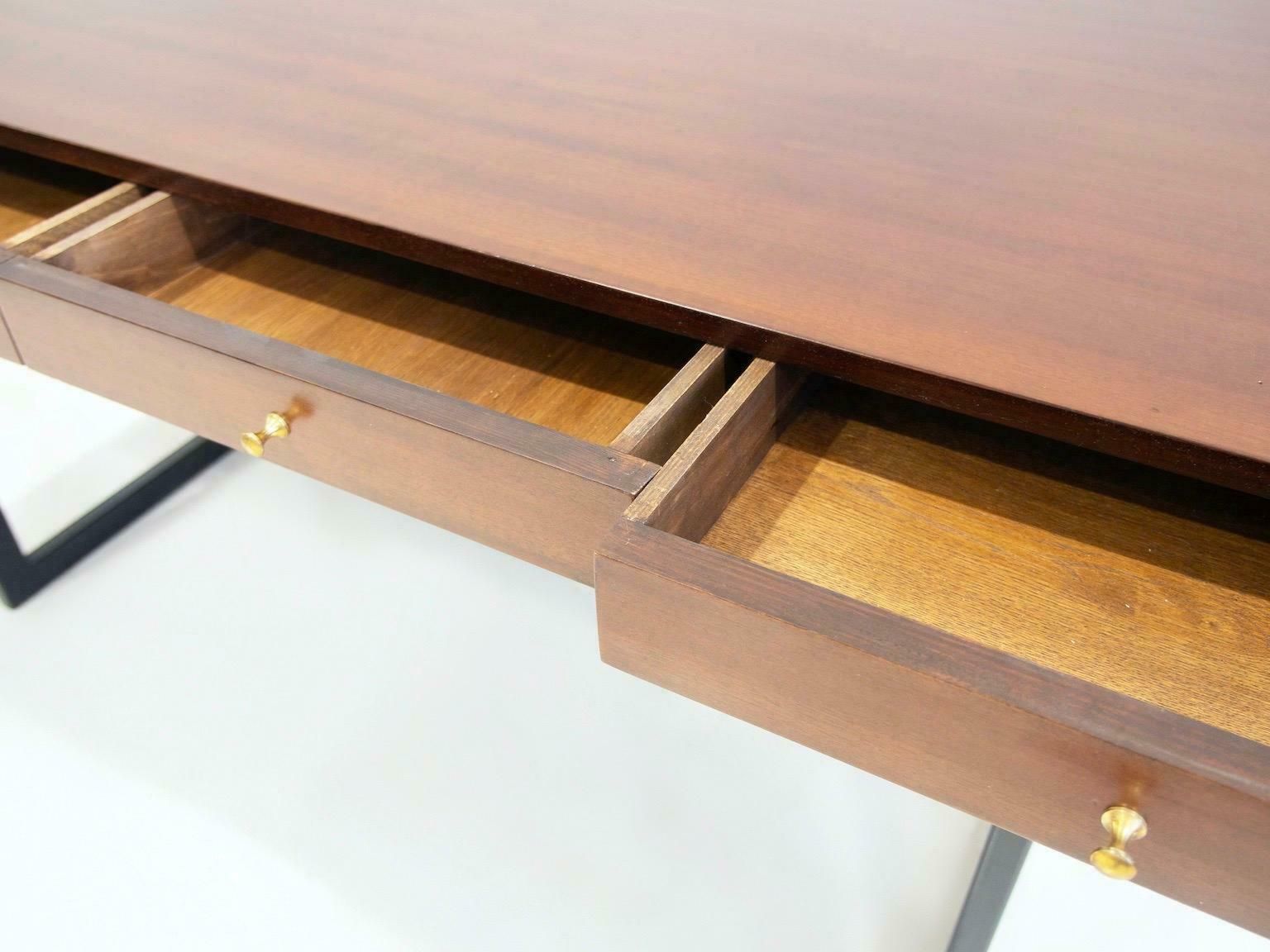 Wooden Writing Desk With Drawers And Black Lacquered Legs photo vintage