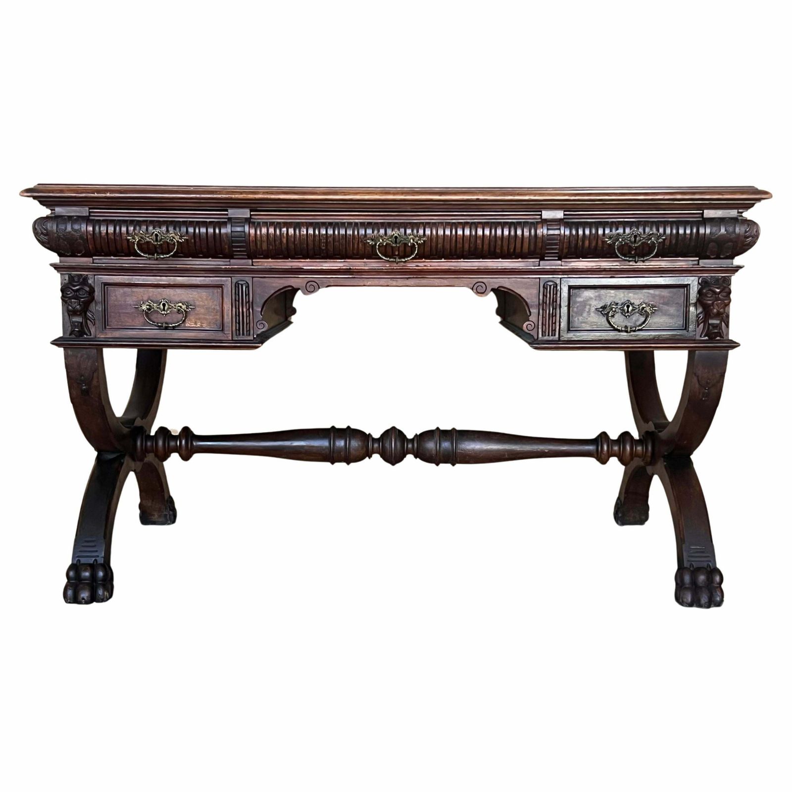 Bureau espagnol en noyer XIXe siècle à deux tiroirs, pieds tournés robustes, années 1890